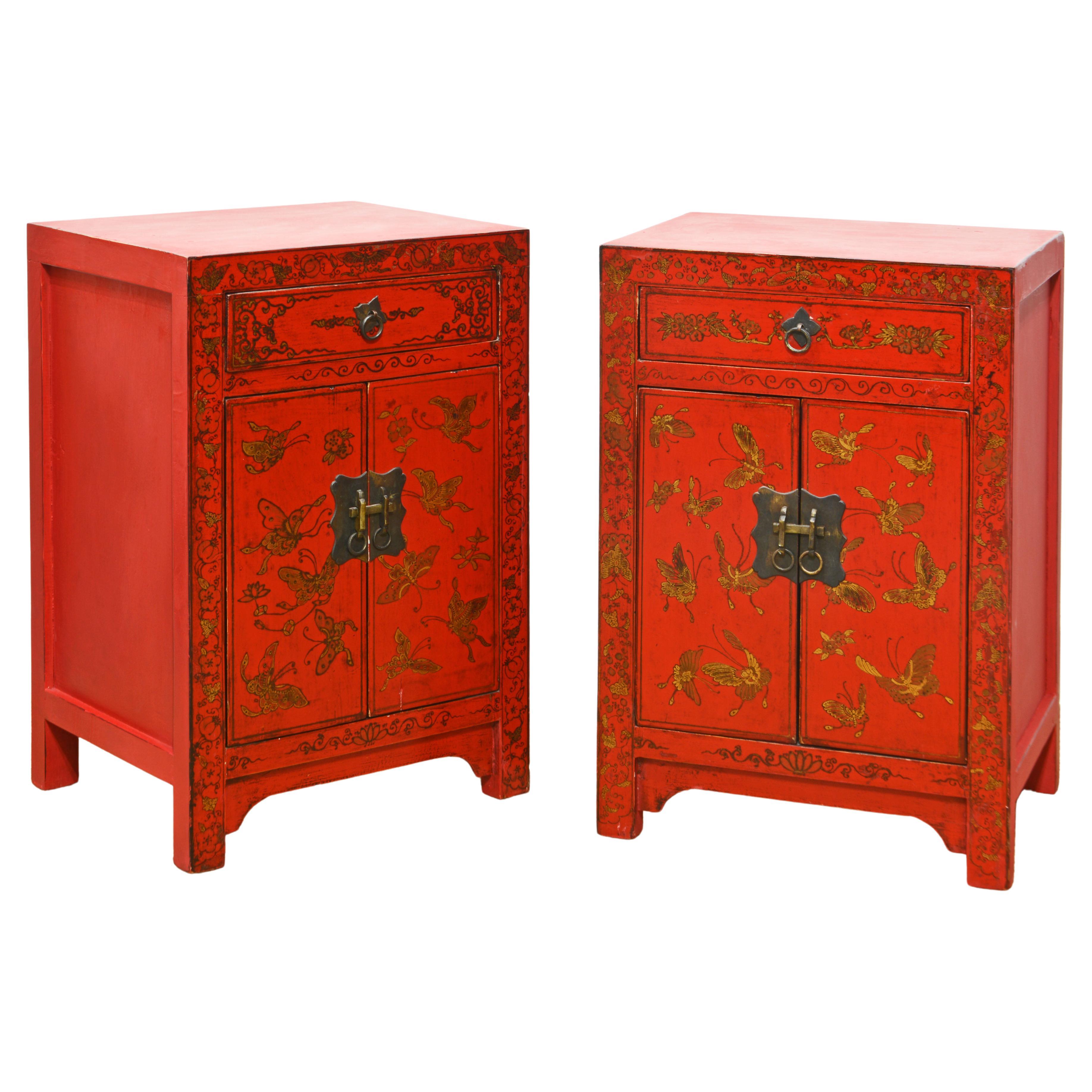 Pair of Vintage Chinese Lacquered Butterfly Decorated Night Stands or End Tables
