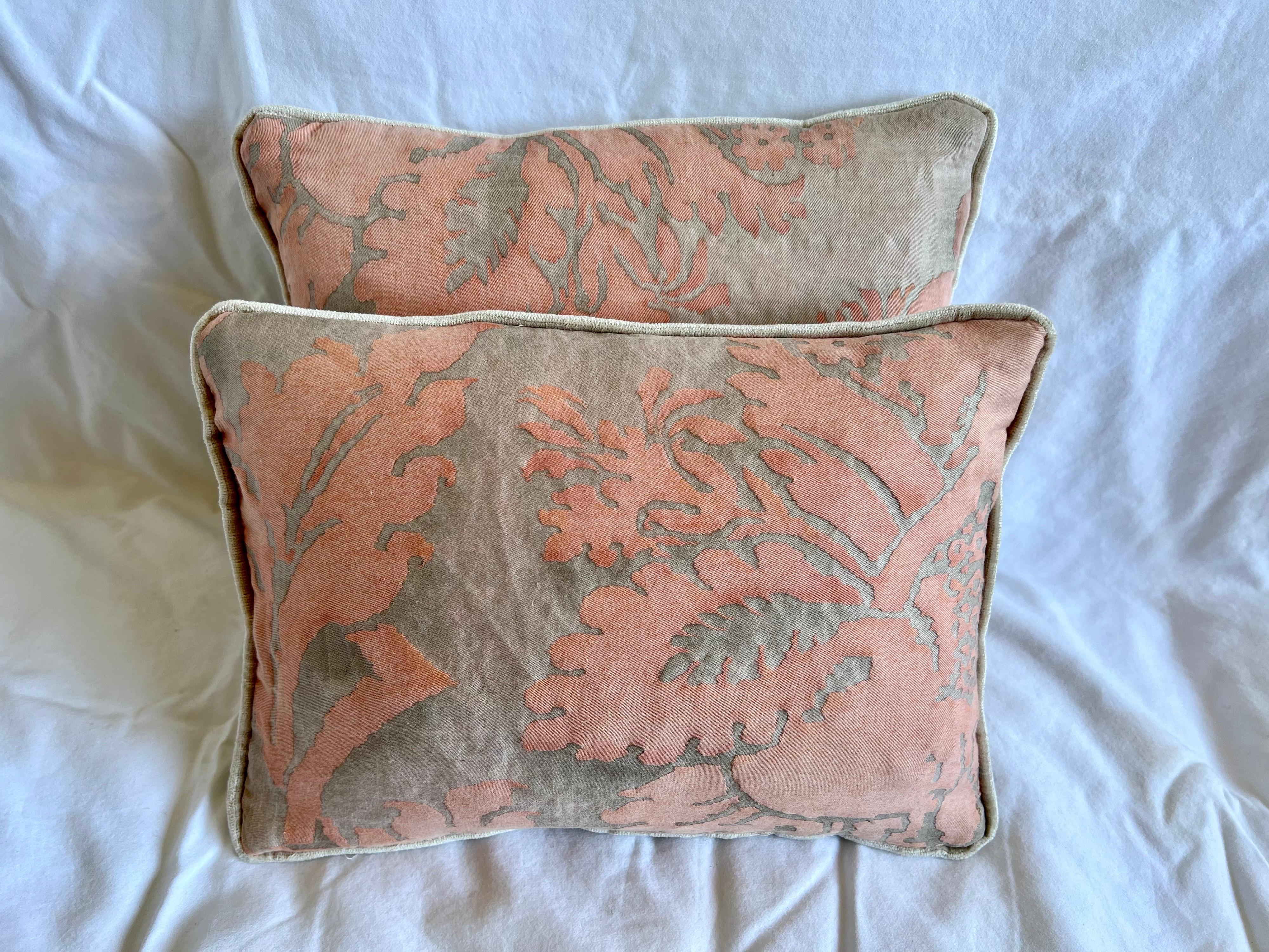 Pair of petite custom pillows made with vintage Fortuny fronts and Belgium linen backs. Down inserts.