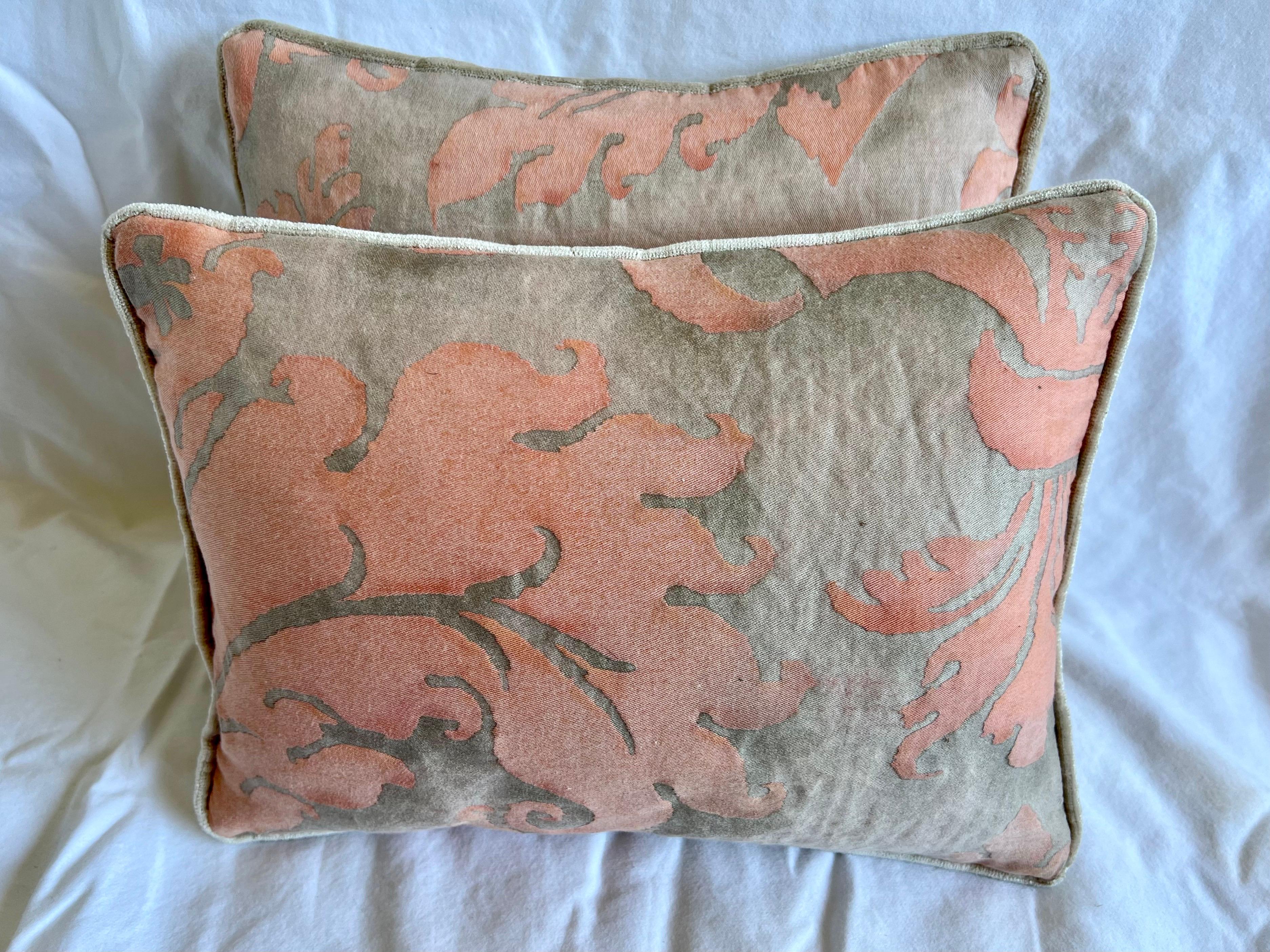 Pair of custom petite pillows made with vintage Fortuny printed cotton fronts and Belgium linen backs. Down inserts.