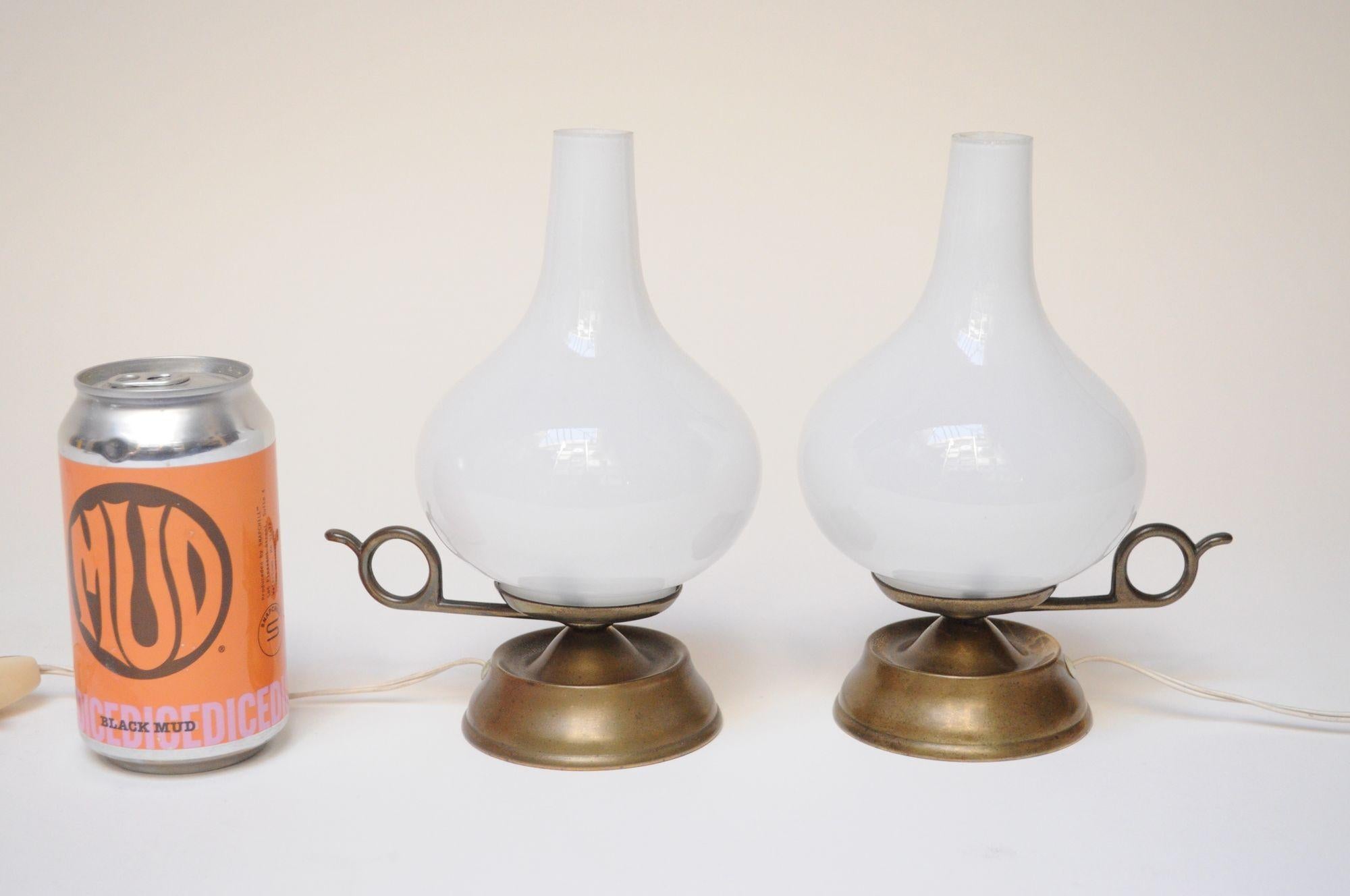 Mid-20th Century Pair of Petite Vintage Italian Chamberstick Glass and Brass Bedside Lamps For Sale