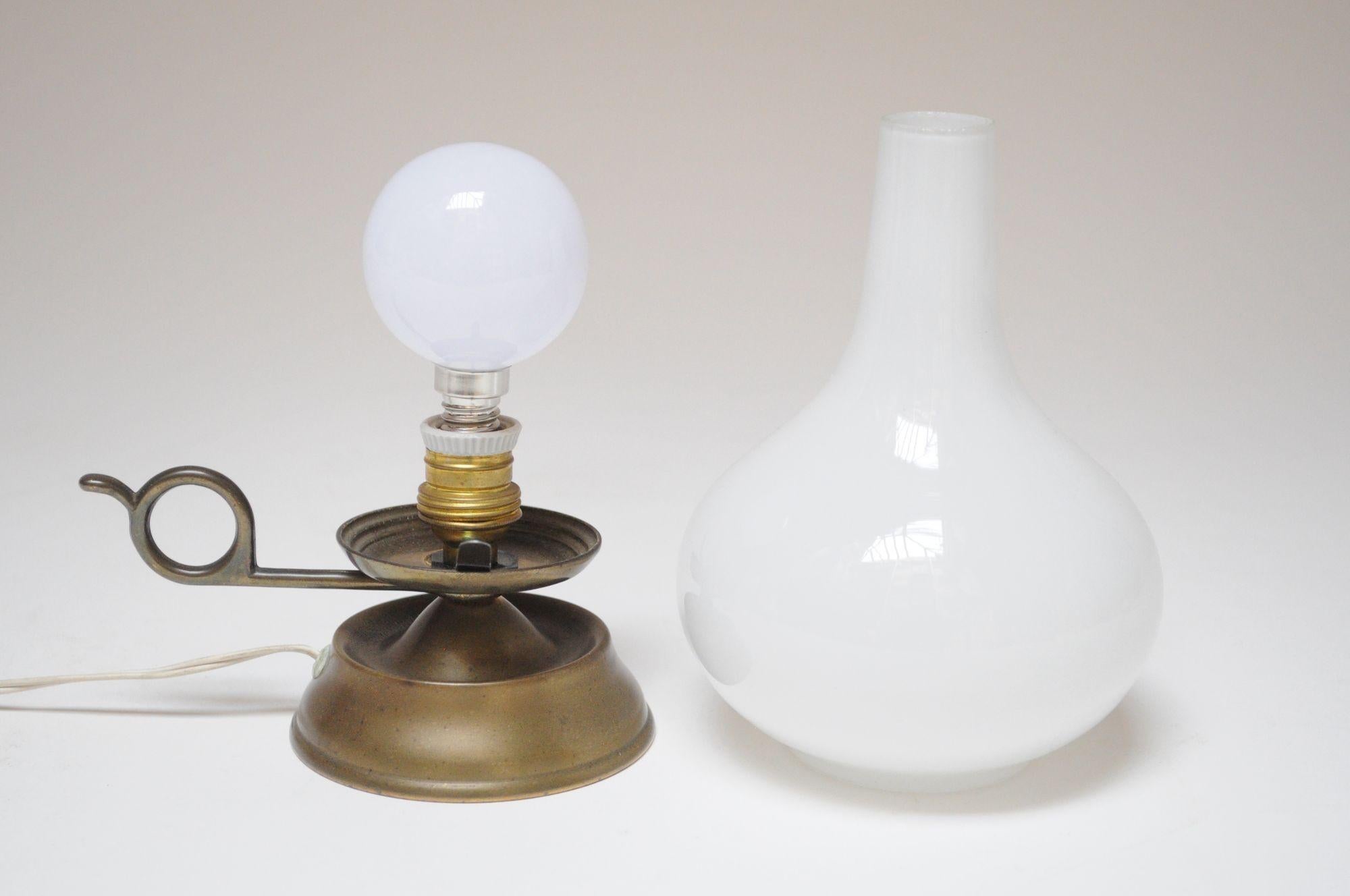 Pair of Petite Vintage Italian Chamberstick Glass and Brass Bedside Lamps For Sale 1