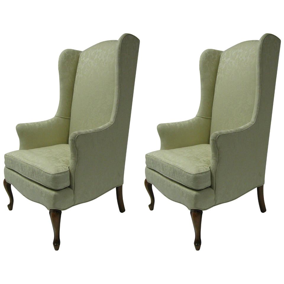 Pair of Petite Mid Century Wing Back Armchair in White Damask