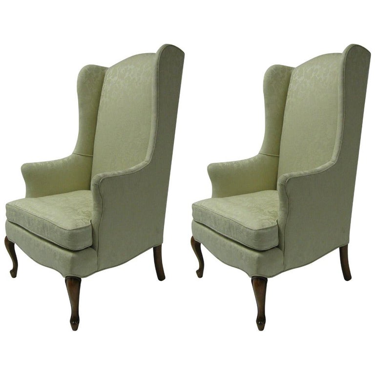 Pair of Petite Mid Century Wing Back Armchair in White Damask For Sale