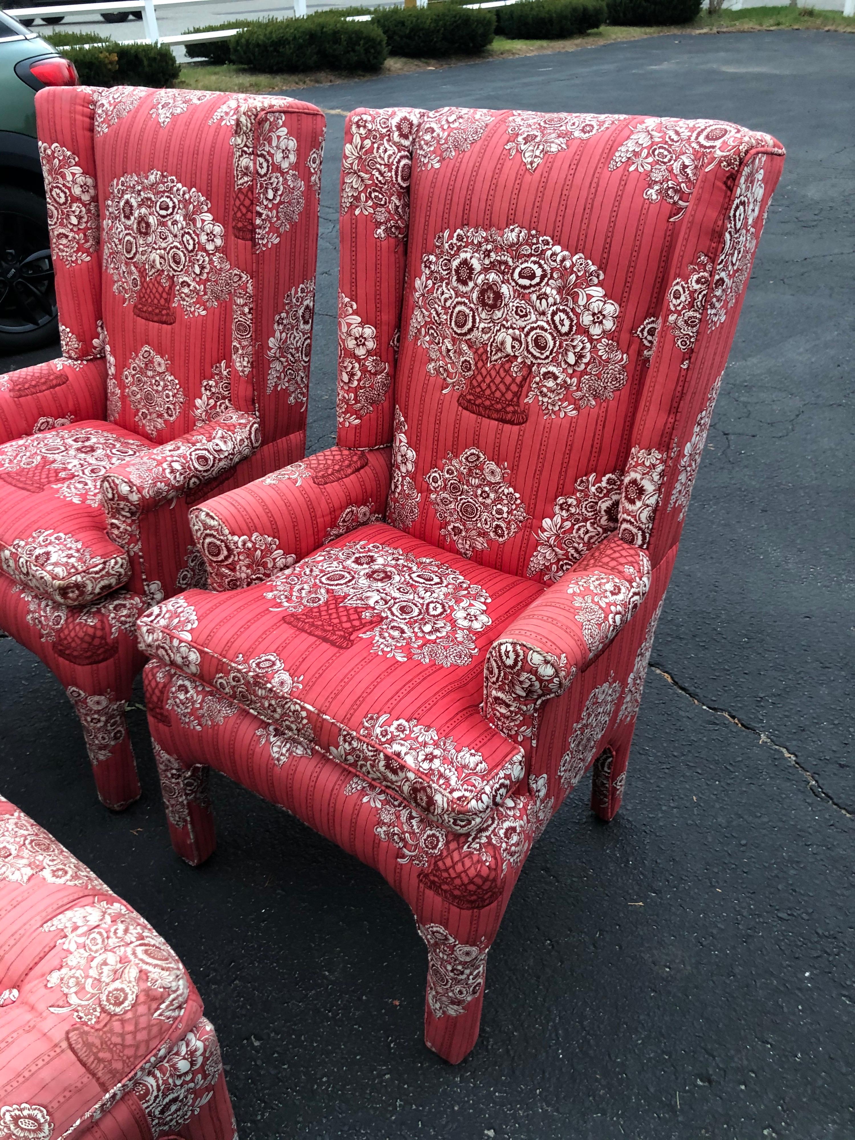Pair of Petite Wing Back Chairs with Matching Ottomans For Sale 7