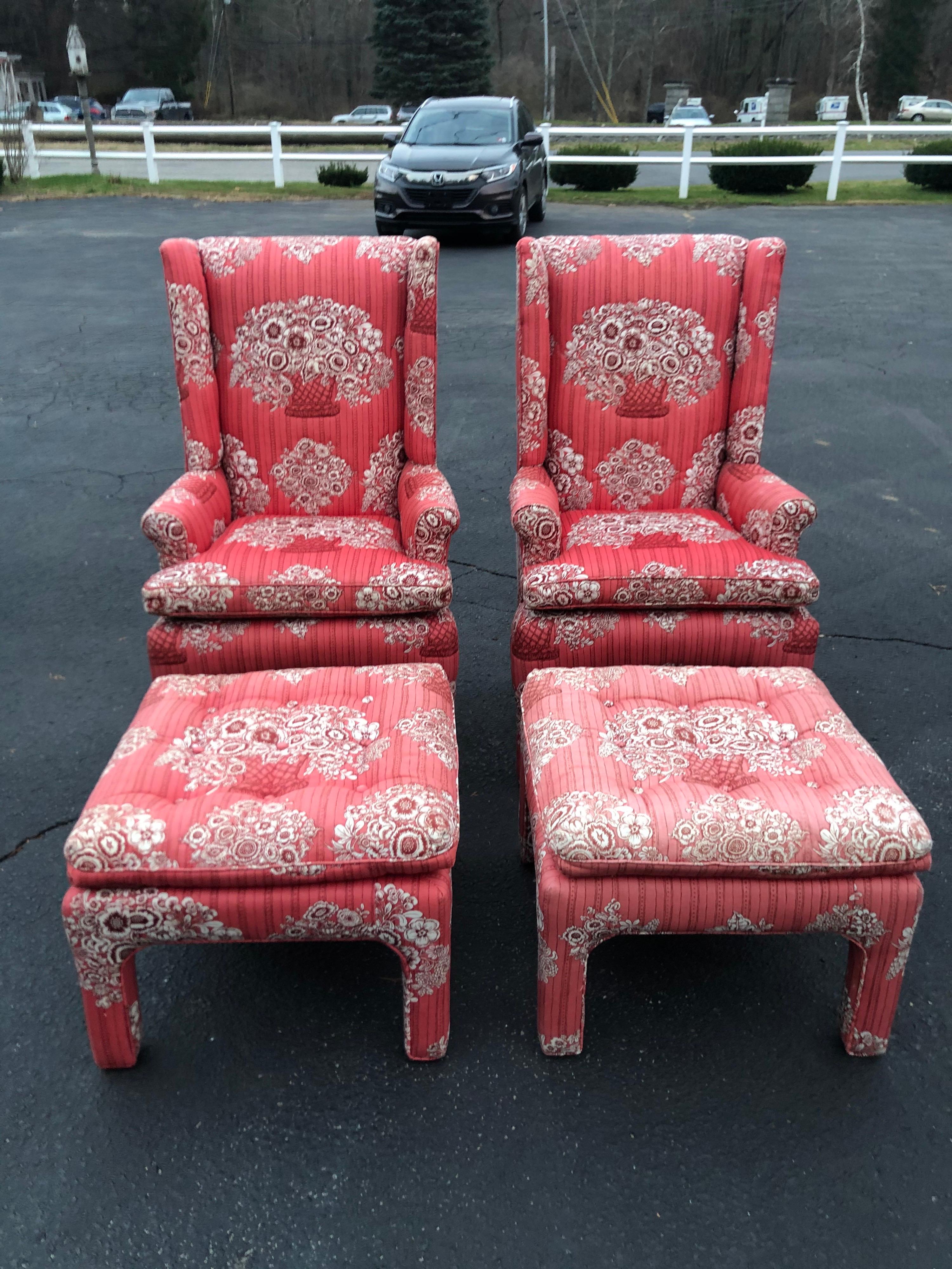 Pair of petite wing back chairs with matching ottomans. Whimsical fabric with quilted type design. The price is for the pair with ottomans.
Some wear to upholstery piping and fading to upholstery. Solid construction.
Measures: Chair height