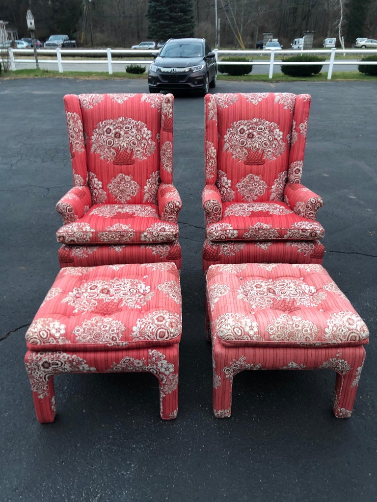 Pair of petite wing back chairs with matching ottomans. Whimsical fabric with quilted type design.
Some wear to upholstery piping and fading to upholstery. Solid construction.
Measures: Chair height 44.50”
Chair width 25”
Chair depth 27”
Chair