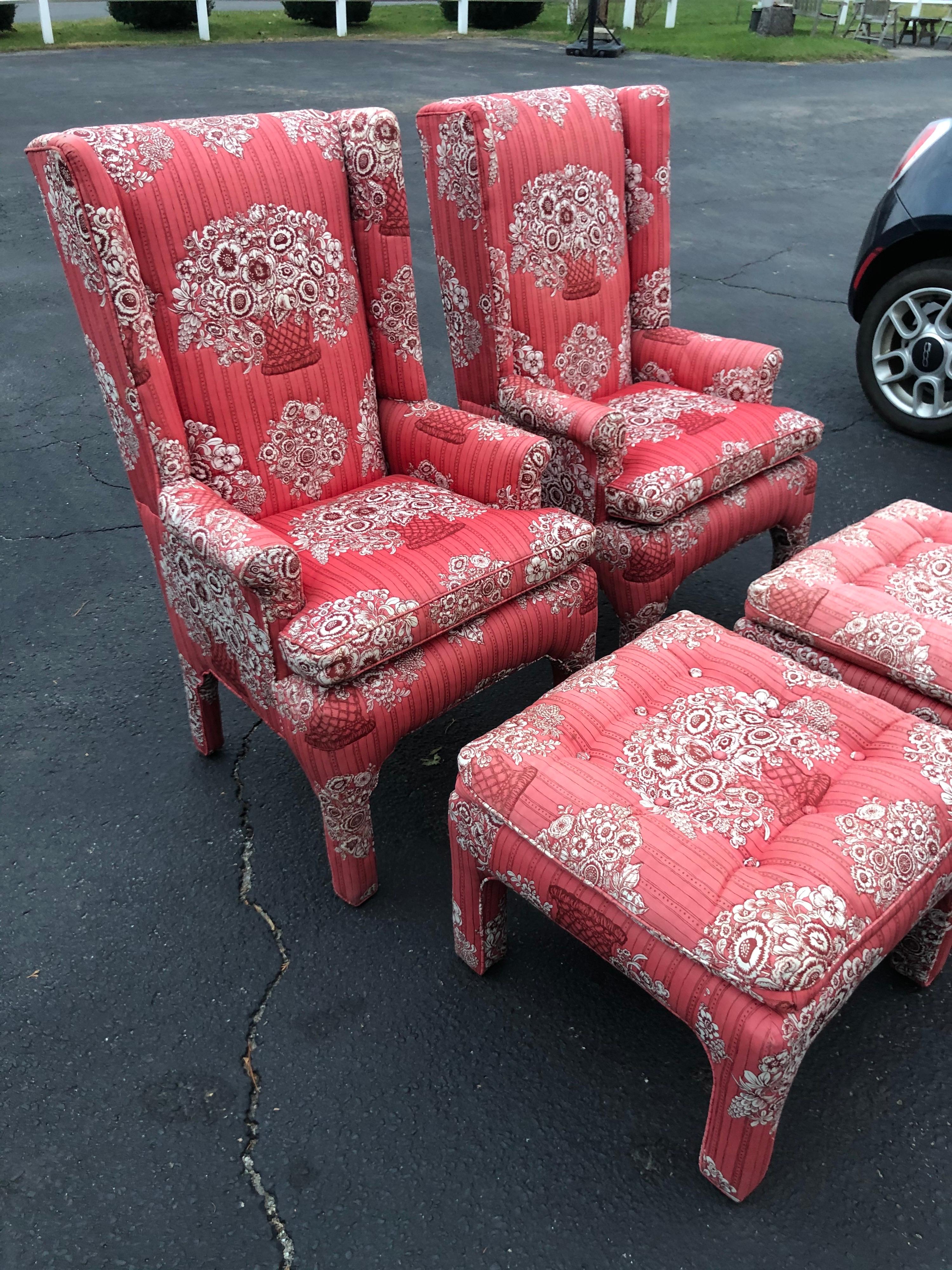 Mid-Century Modern Pair of Petite Wing Back Chairs with Matching Ottomans For Sale