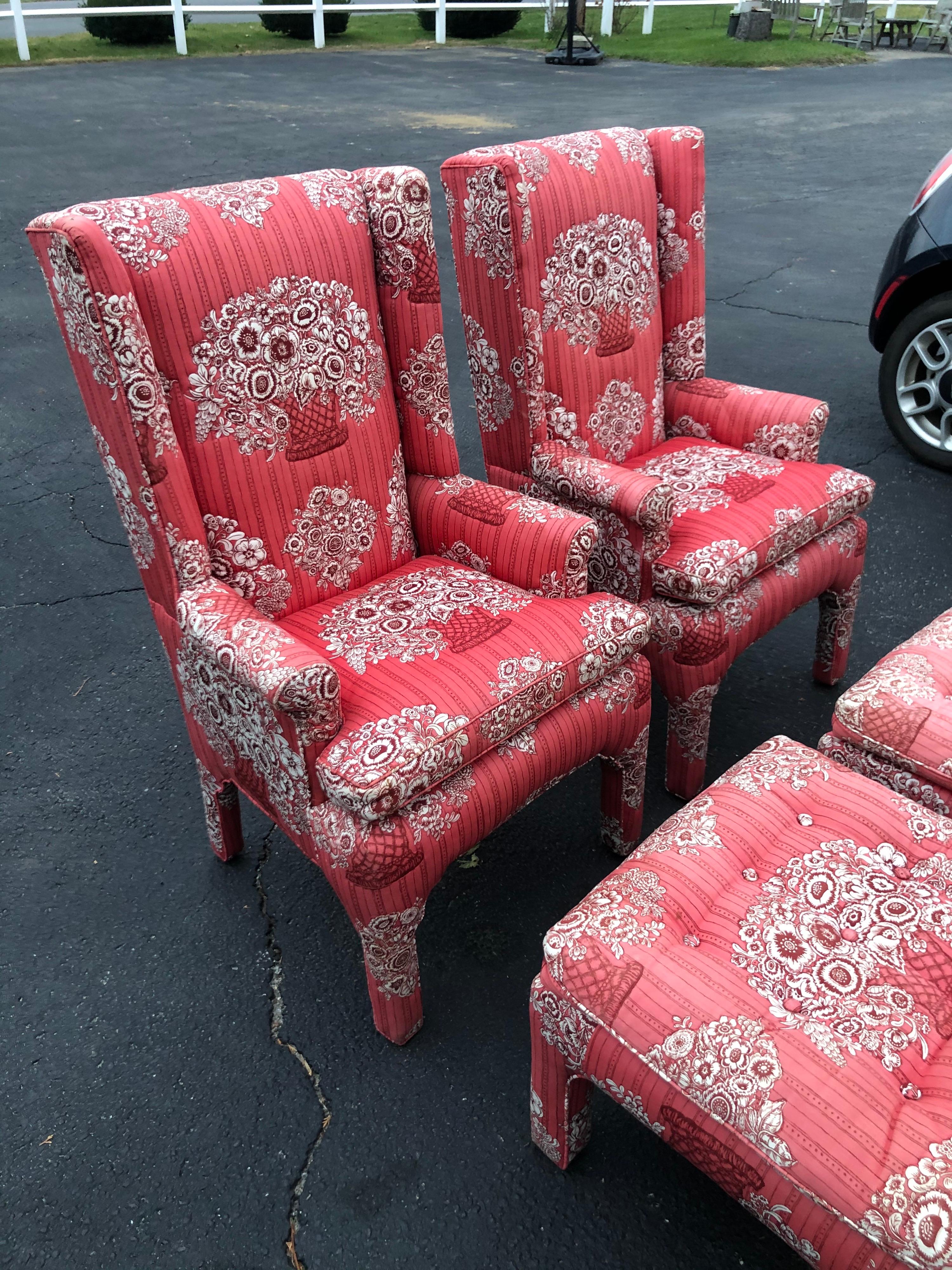 Pair of Petite Wing Back Chairs with Matching Ottomans In Good Condition For Sale In Redding, CT