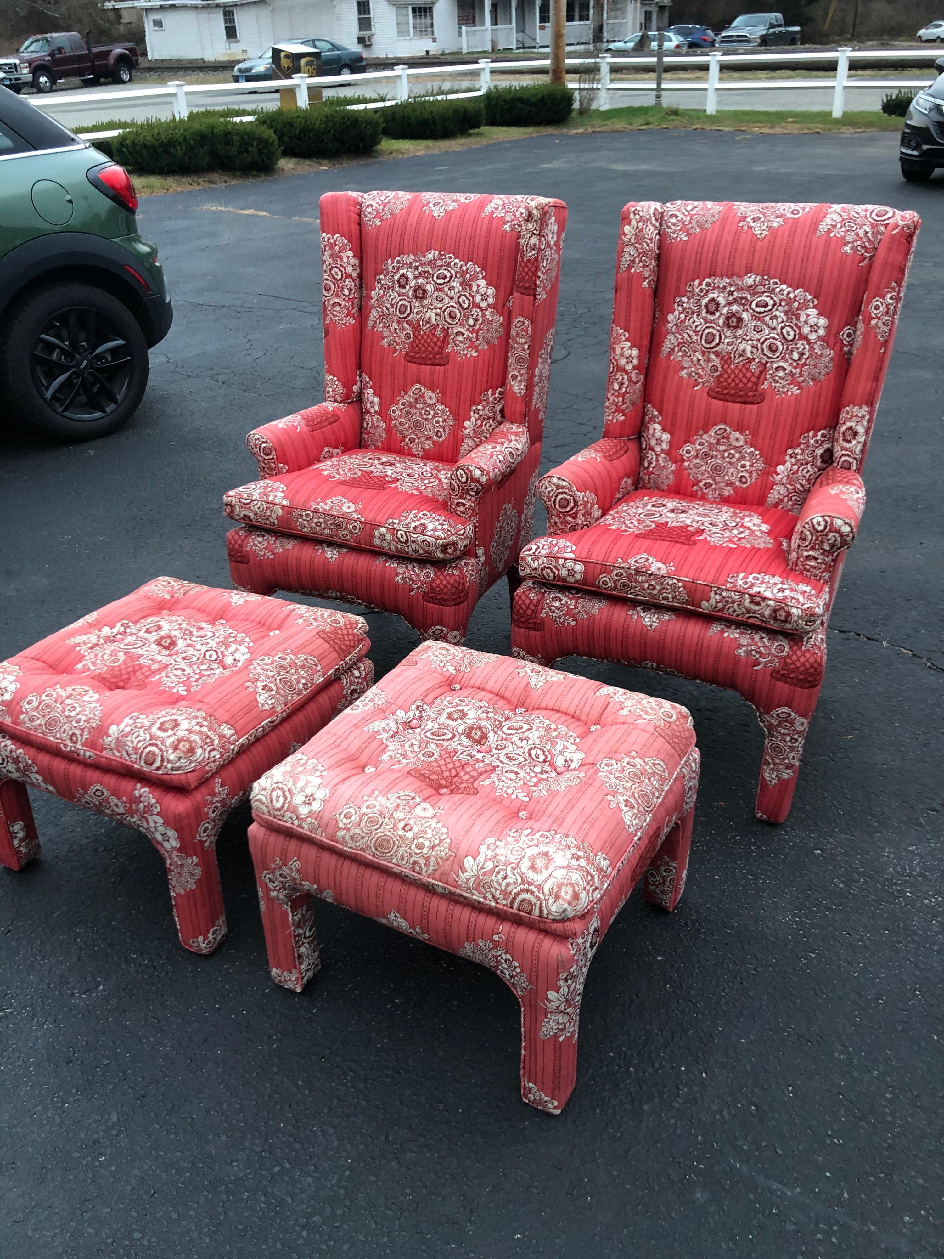 Late 20th Century Pair of Petite Wing Back Chairs with Matching Ottomans For Sale