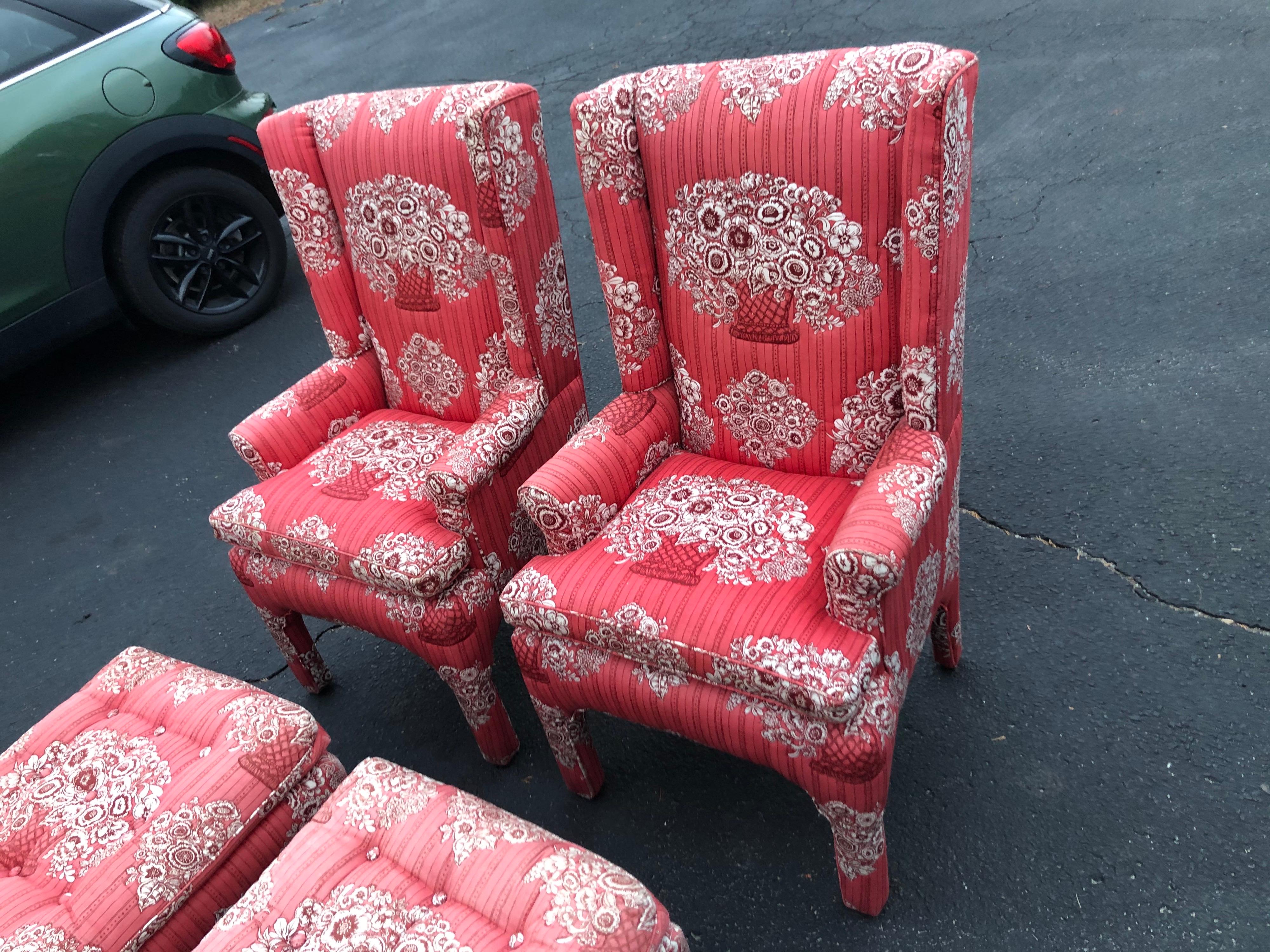 Upholstery Pair of Petite Wing Back Chairs with Matching Ottomans For Sale