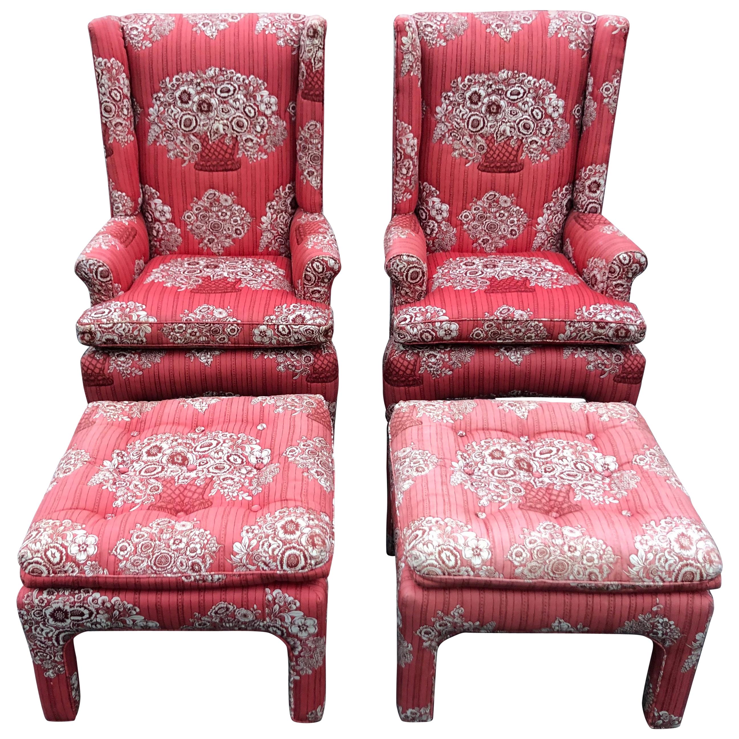 Pair of Petite Wing Back Chairs with Matching Ottomans