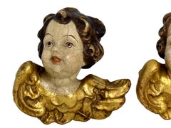 Pair of Petite Wood Carved Cherub Angel Heads, Vintage German, 1960s