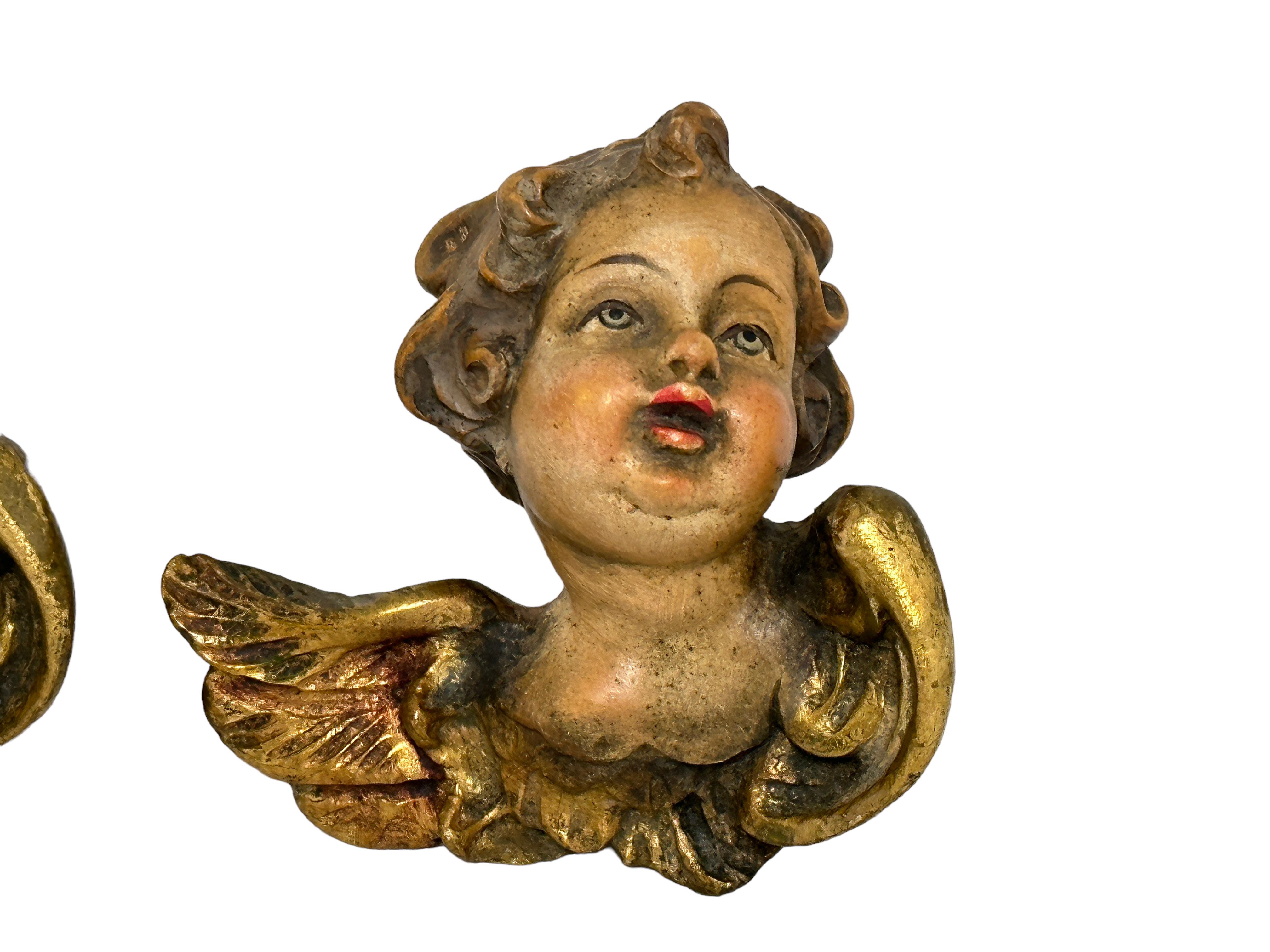 Baroque Pair of Petite Wood Carved Cherub Angel Heads, Vintage German 1960s For Sale