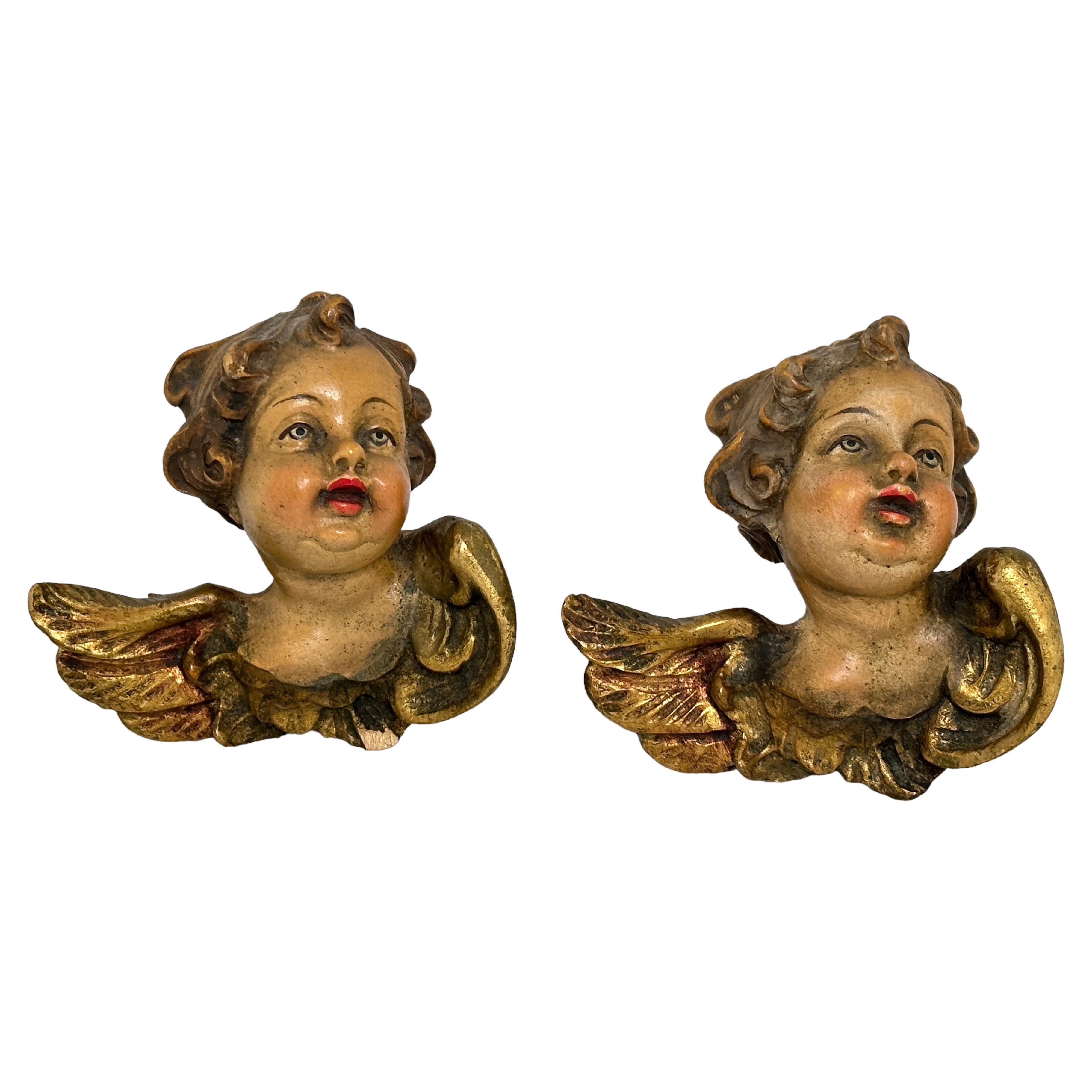 Pair of Petite Wood Carved Cherub Angel Heads, Vintage German 1960s For Sale