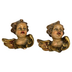 Pair of Petite Wood Carved Cherub Angel Heads, Vintage German 1960s