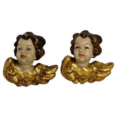 Pair of Petite Wood Carved Cherub Angel Heads, Vintage German, 1960s