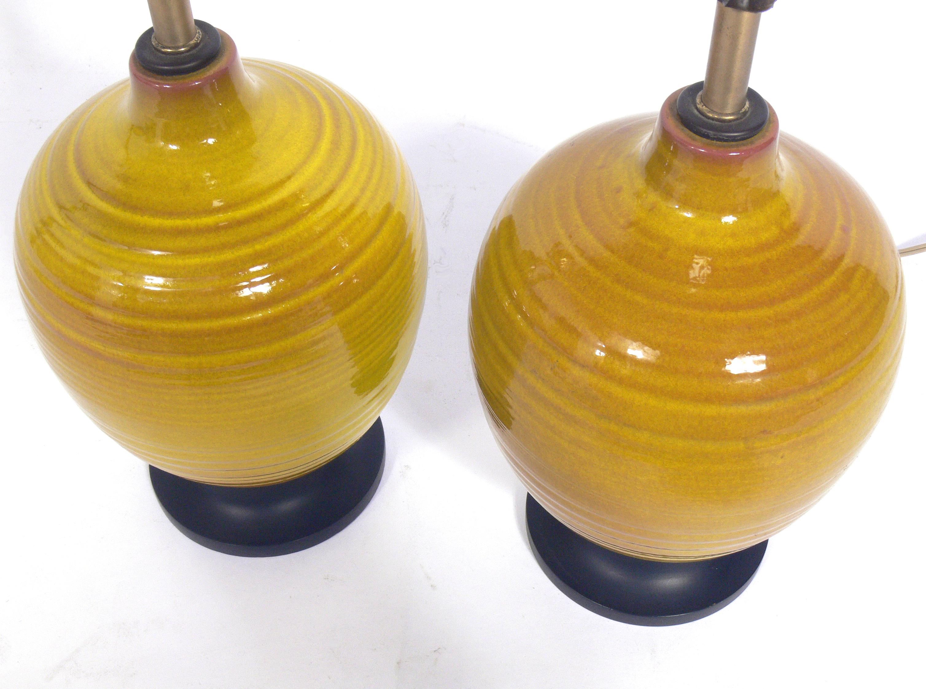 Chinoiserie Pair of Petite Yellow Ceramic Lamps