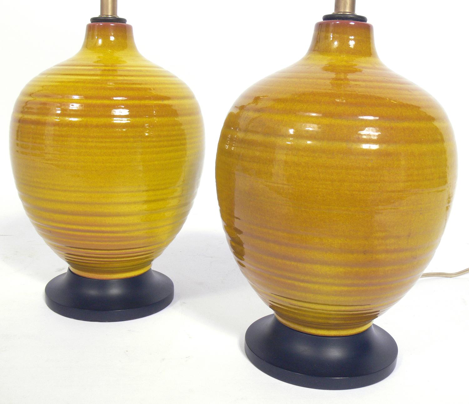 Chinese Pair of Petite Yellow Ceramic Lamps