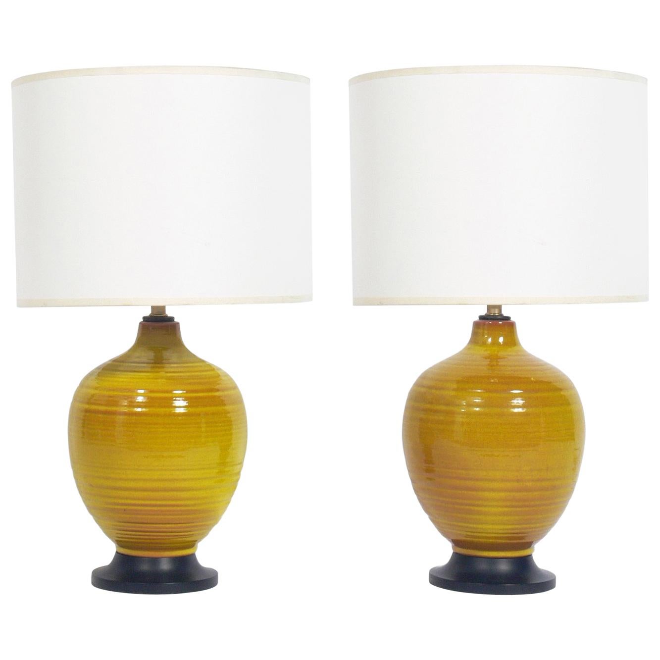 Pair of Petite Yellow Ceramic Lamps