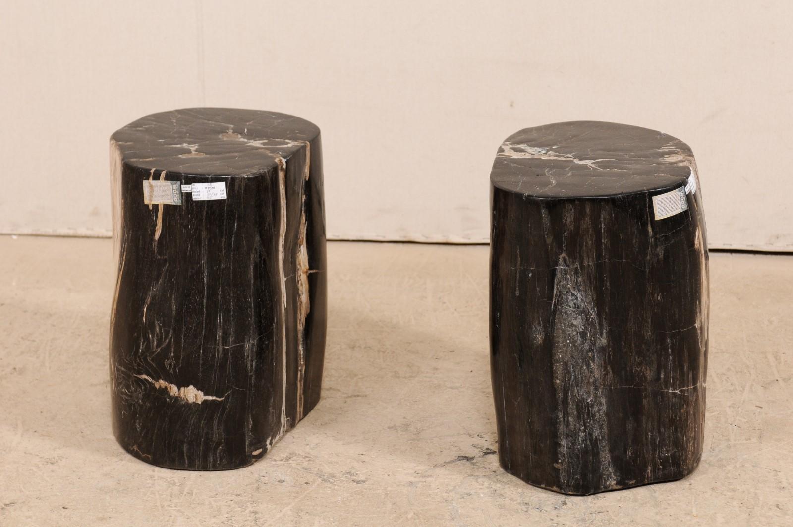 Pair of Petrified Wood Drink Tables in Rich Black Color with Streaks of Cream In Good Condition In Atlanta, GA