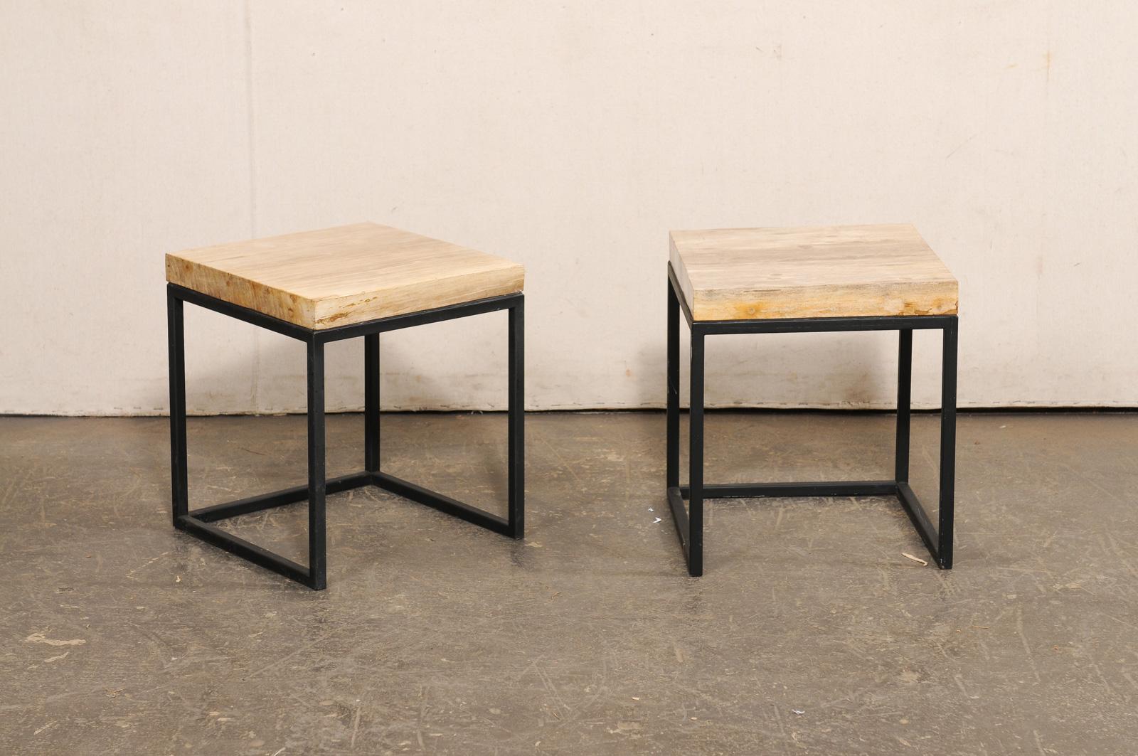 Indonesian Pair of Petrified Wood Top & Iron End Tables For Sale