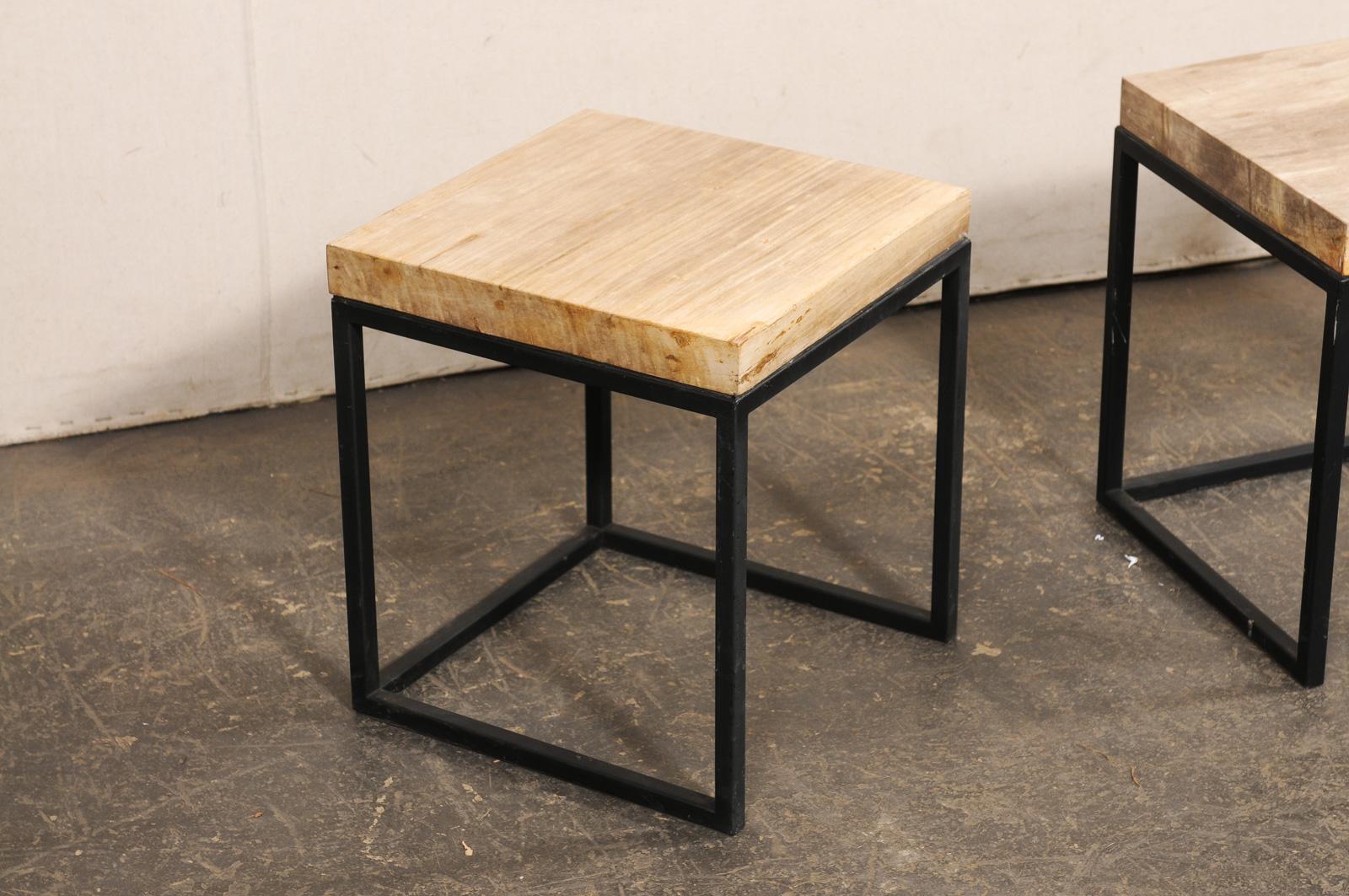 Pair of Petrified Wood Top & Iron End Tables In Excellent Condition For Sale In Atlanta, GA