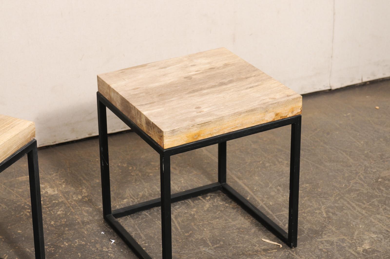 Contemporary Pair of Petrified Wood Top & Iron End Tables For Sale