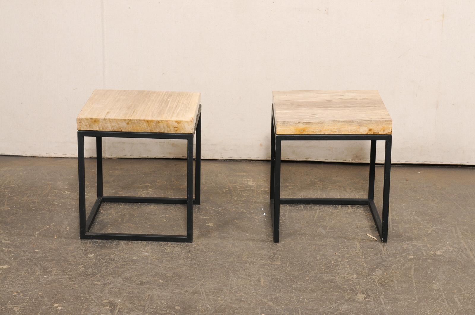 Pair of Petrified Wood Top & Iron End Tables For Sale 3