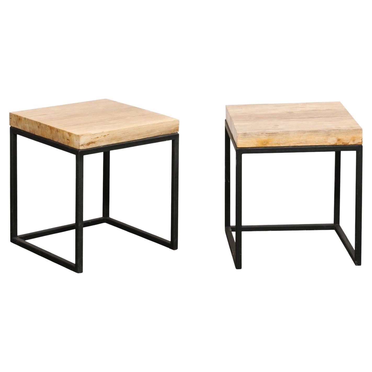 Pair of Petrified Wood Top 
Iron End Tables For Sale