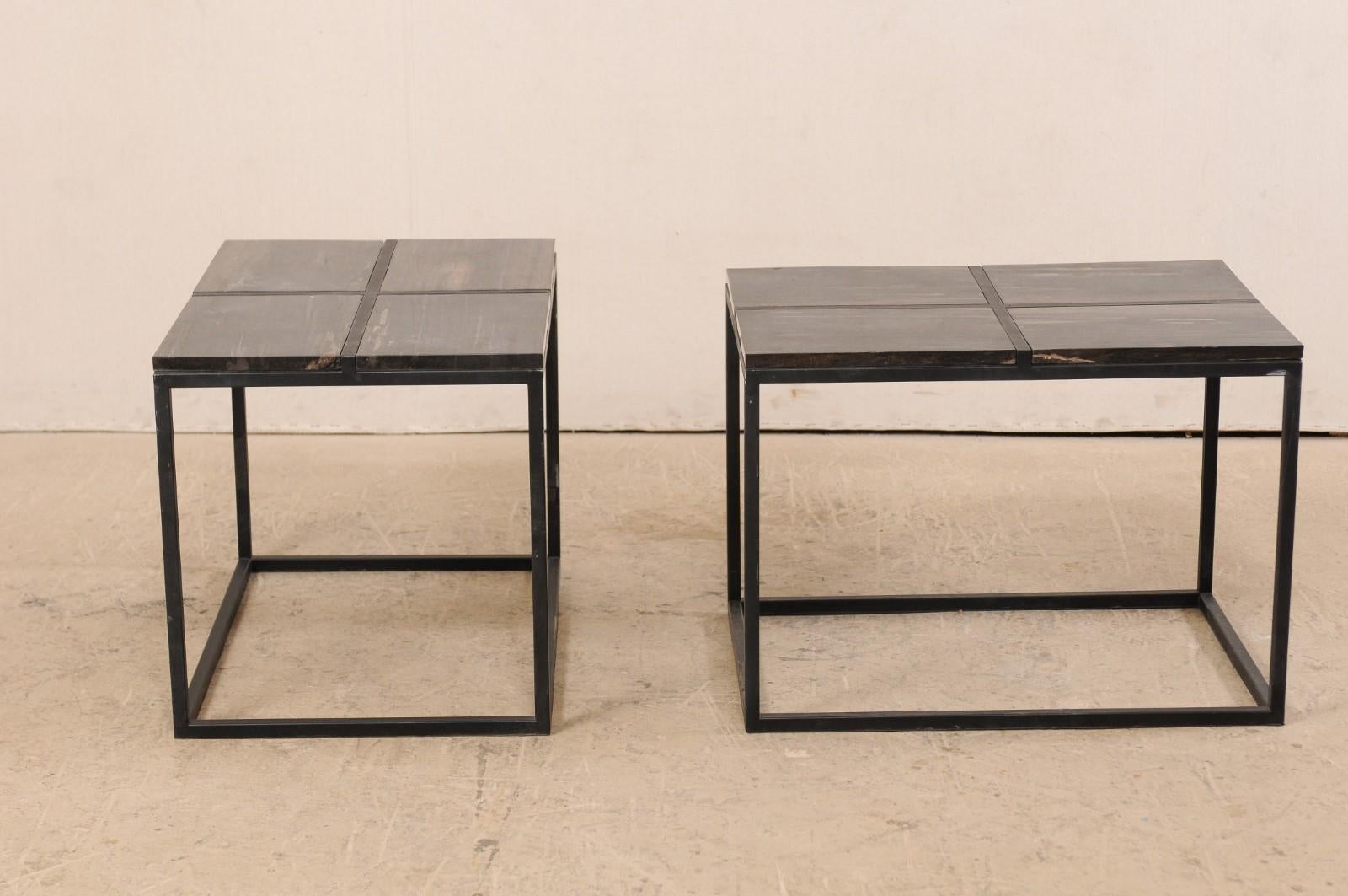 Contemporary Pair of Petrified Wood Top Modern Style Coffee Tables For Sale