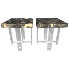 Vintage Pair of Petrified Wood Top Side Tables