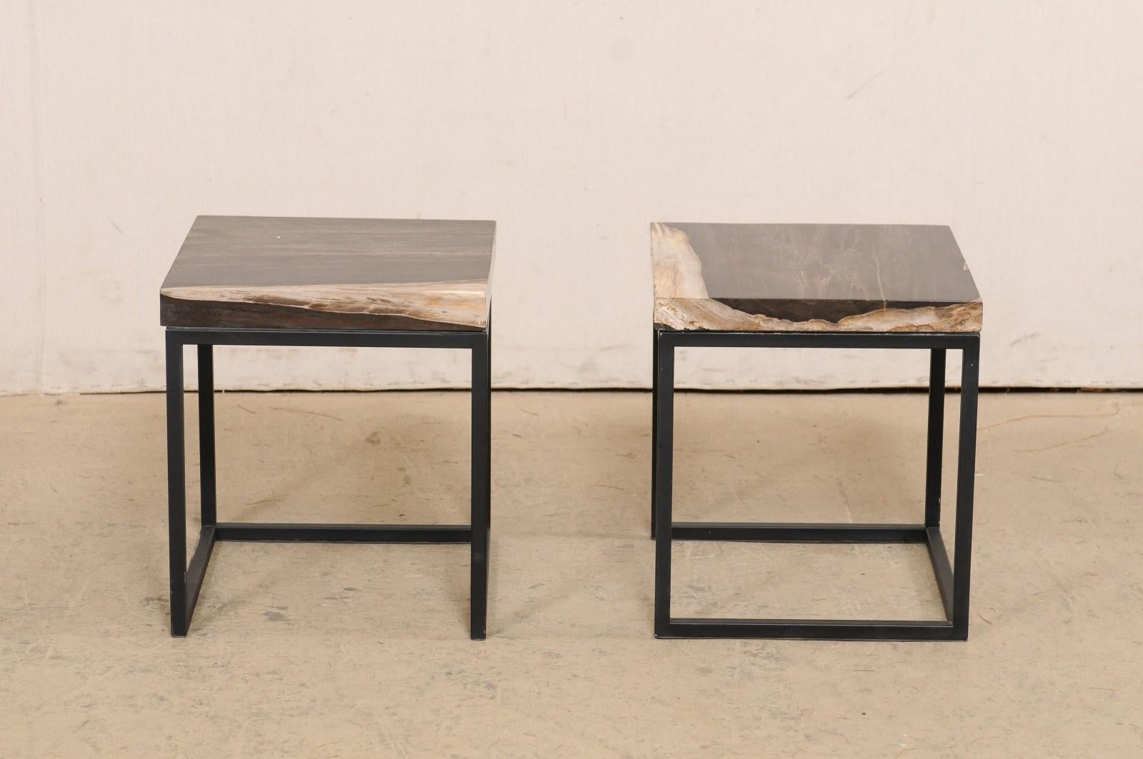 Pair of Petrified Wood Top Side Tables on Custom Iron Bases, Charcoal/Beige Tops For Sale 7