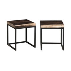 Paire de tables d'appoint à plateau en bois pétrifié sur socle en fer personnalisé, dessus anthracite/beige