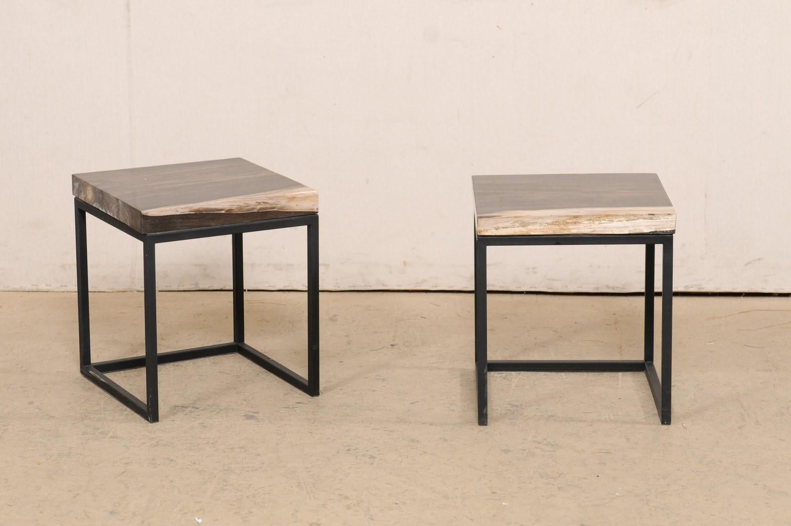 American Pair of Petrified Wood Top Side Tables on Custom Iron Bases, Charcoal/Beige Tops For Sale