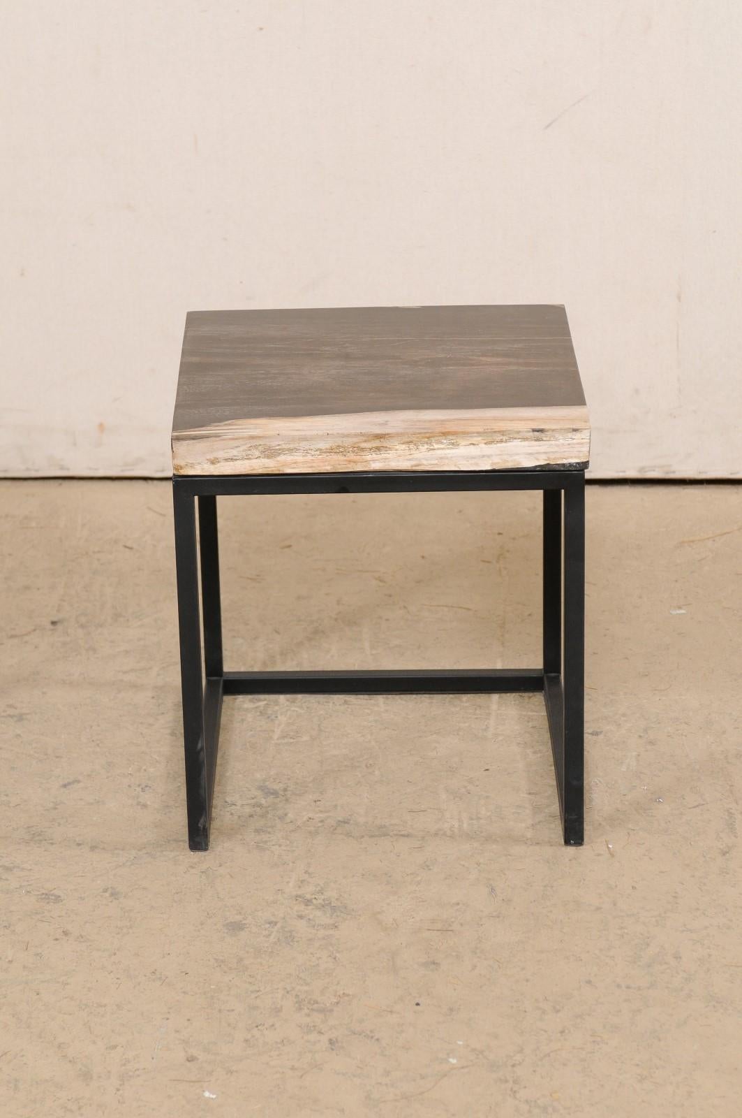 Contemporary Pair of Petrified Wood Top Side Tables on Custom Iron Bases, Charcoal/Beige Tops For Sale