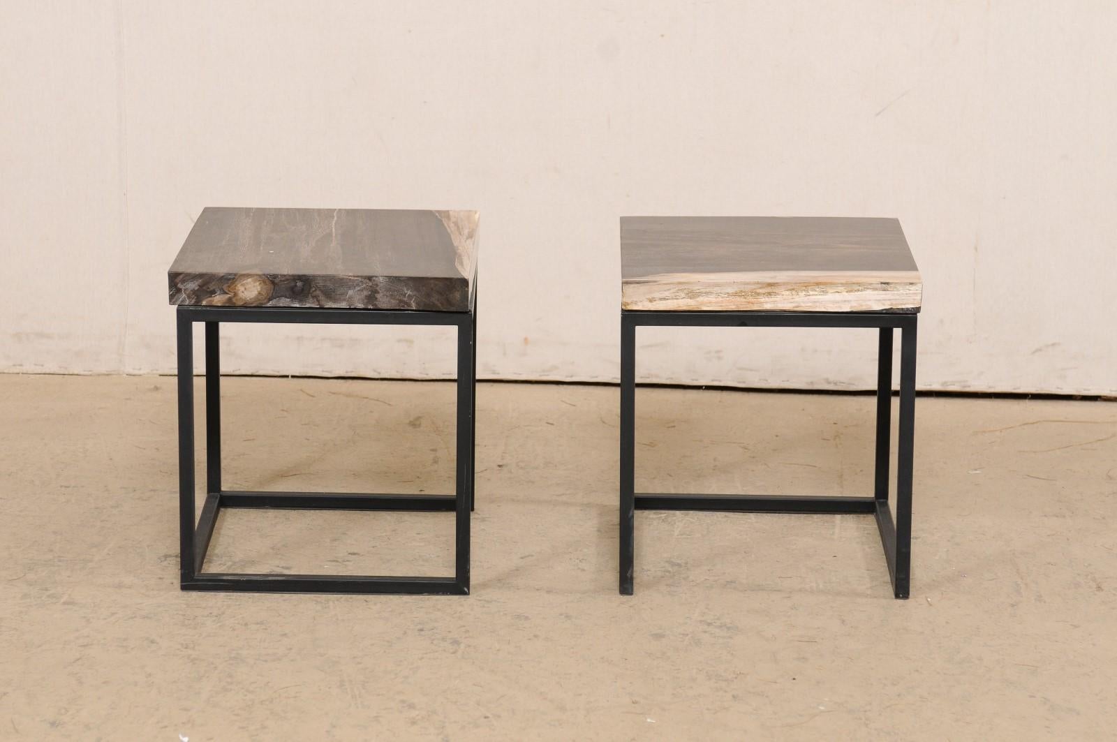 Pair of Petrified Wood Top Side Tables on Custom Iron Bases, Charcoal/Beige Tops For Sale 1