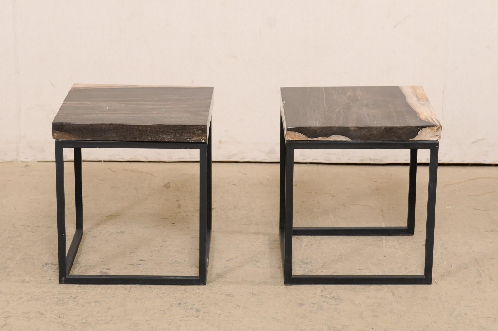 Pair of Petrified Wood Top Side Tables on Custom Iron Bases, Charcoal/Beige Tops For Sale 2