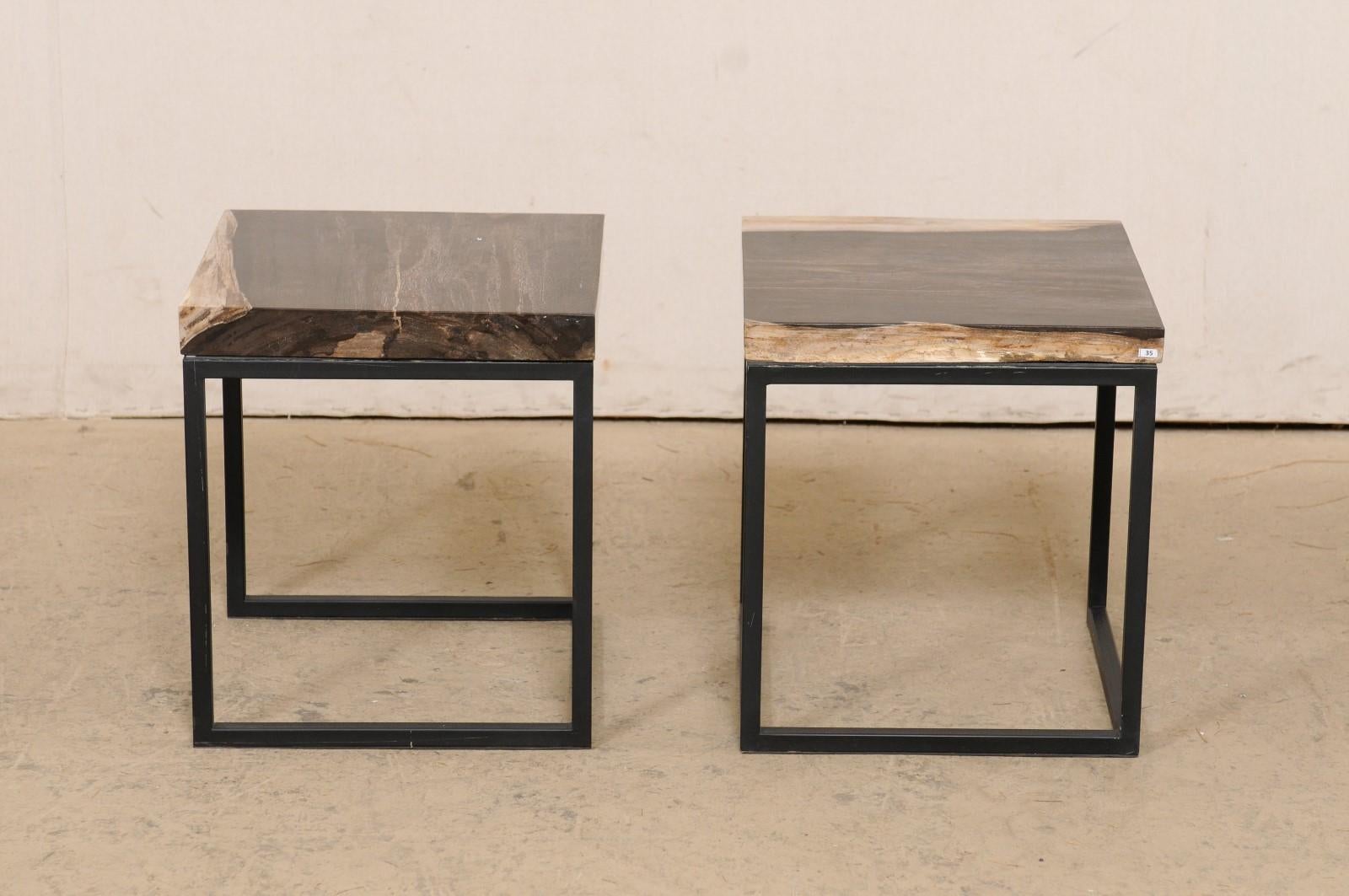 Pair of Petrified Wood Top Side Tables on Custom Iron Bases, Charcoal/Beige Tops For Sale 3