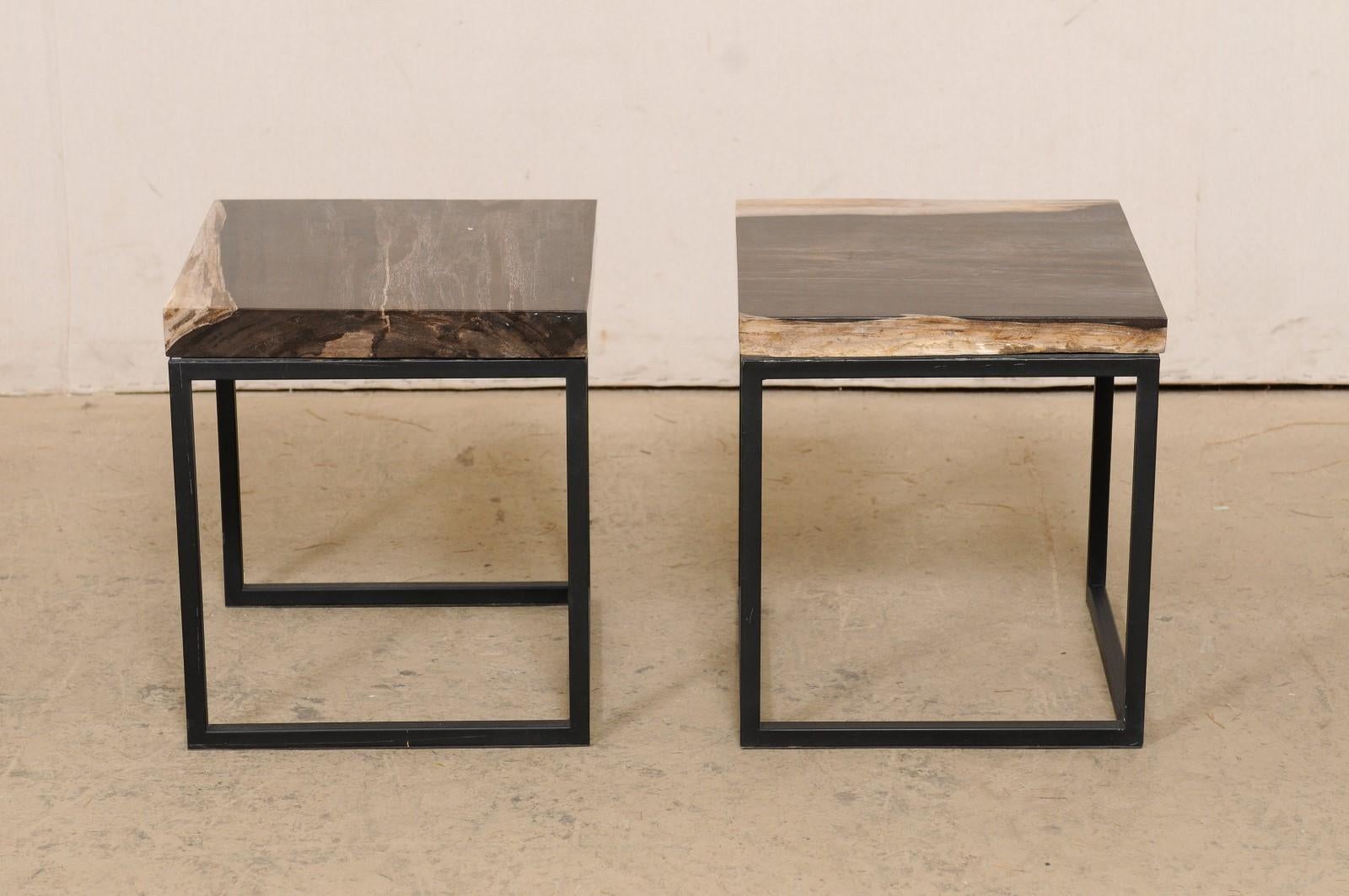 Pair of Petrified Wood Top Side Tables on Custom Iron Bases, Charcoal/Beige Tops For Sale 4