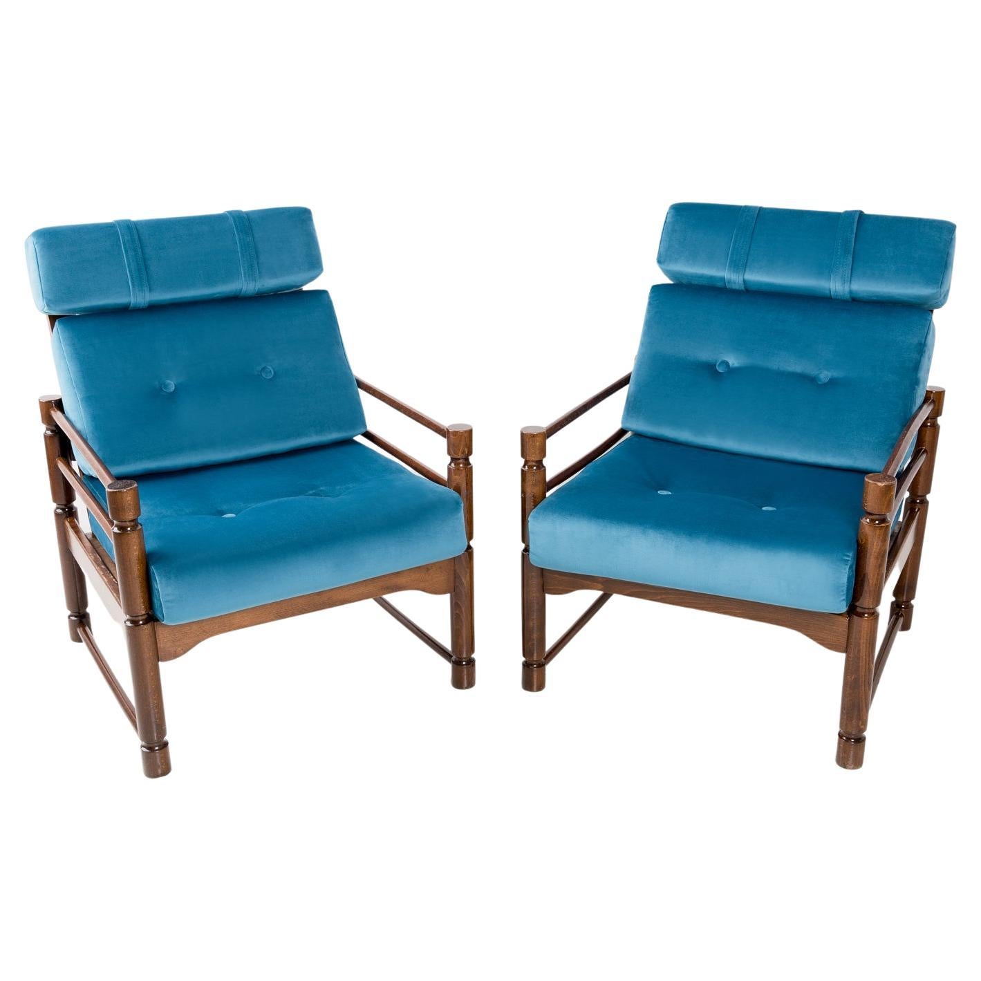 Pair of Petrol Blue Armchairs, 20th Century, Beech Wood, Poland For Sale