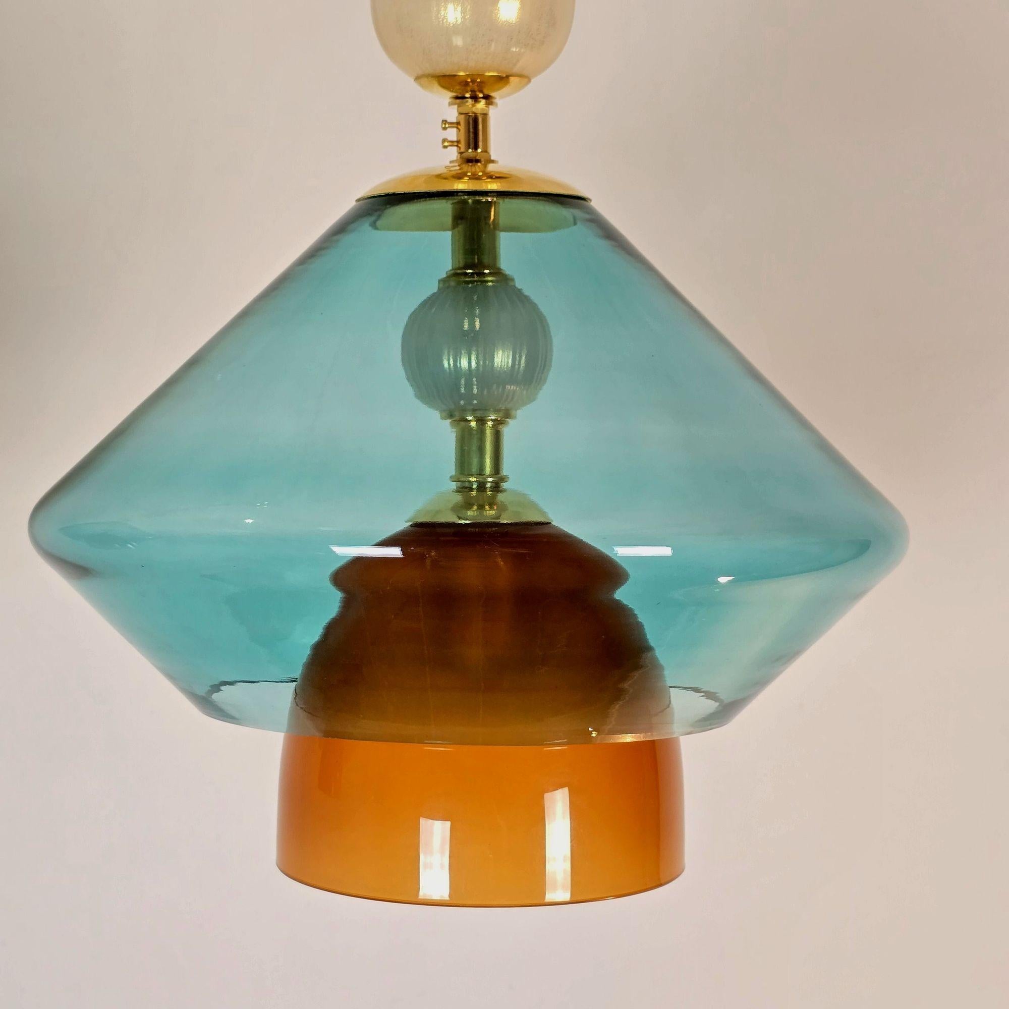 Ottone Coppia di pendenti in vetro blu petrolio in vendita