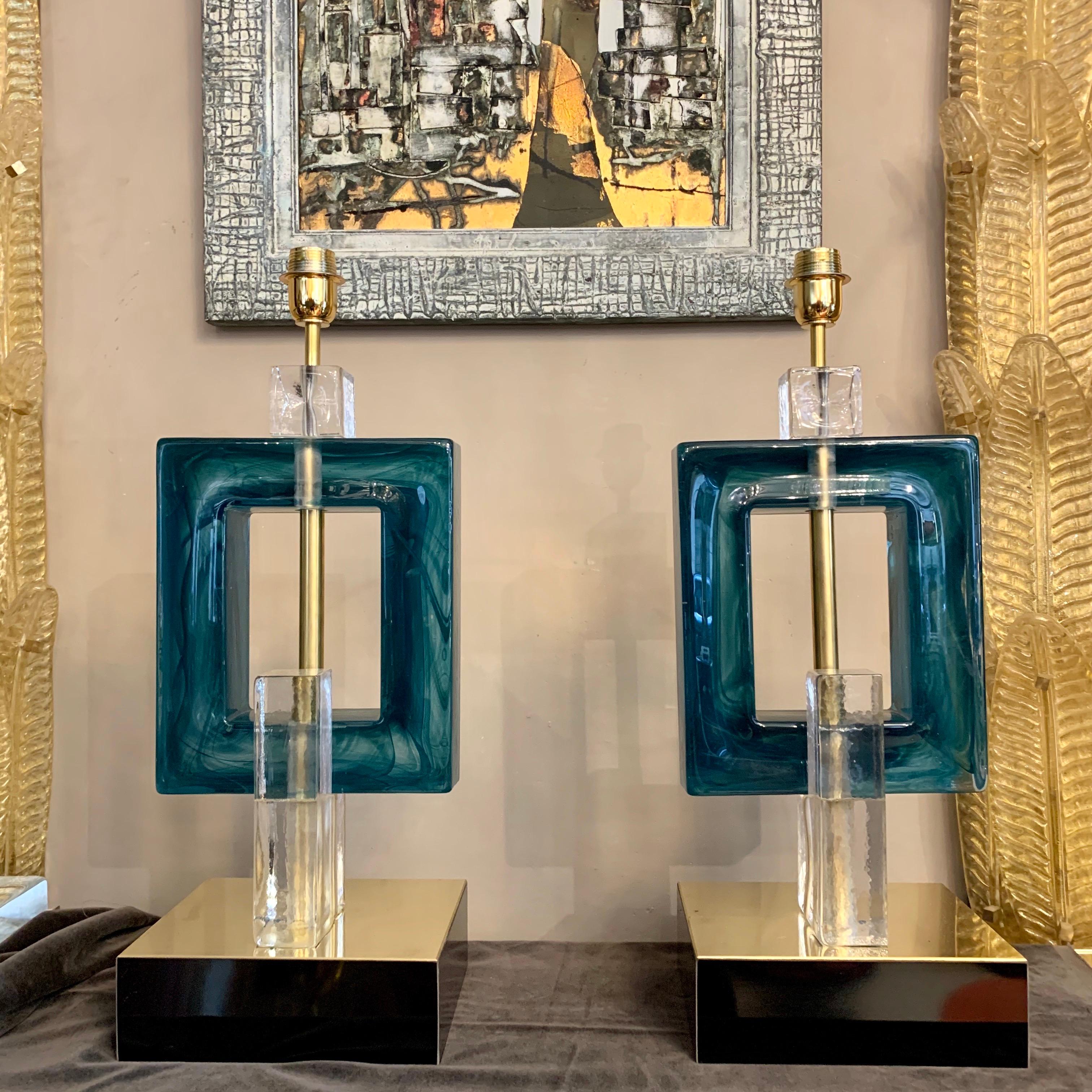 Italian Pair of Petrol Green Murano Table Lamps, 1980s