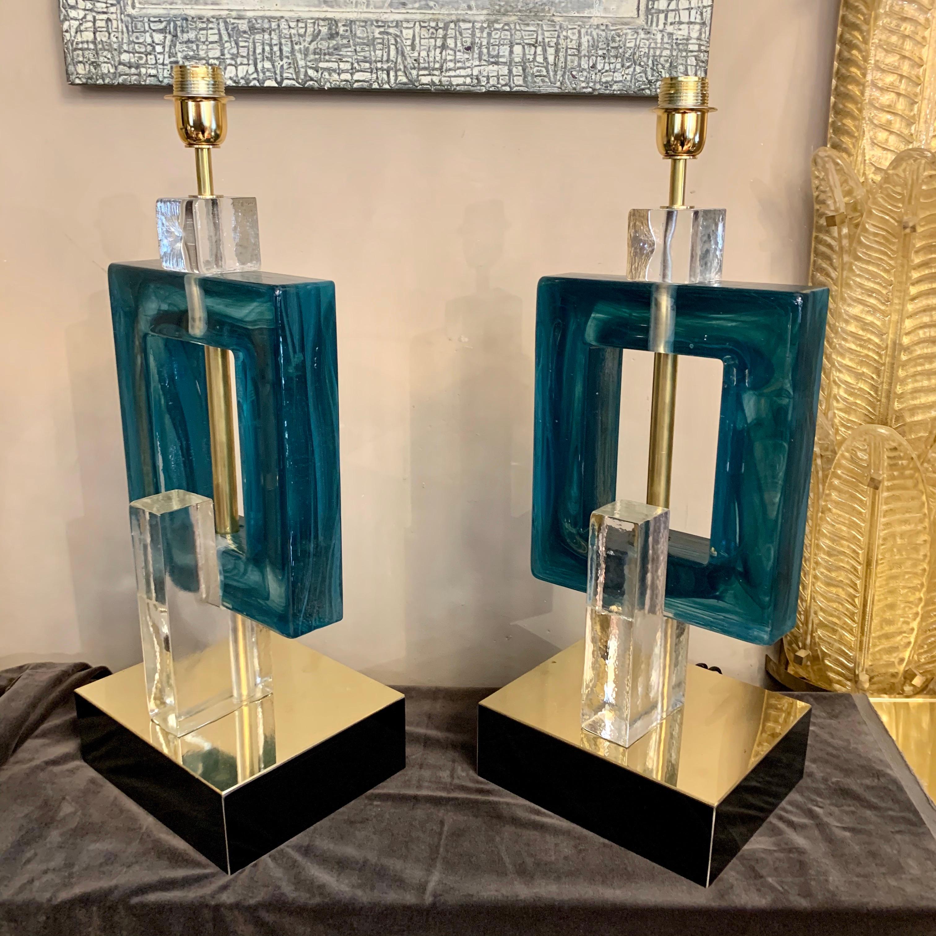 Pair of Petrol Green Murano Table Lamps, 1980s In Excellent Condition In Florence, IT