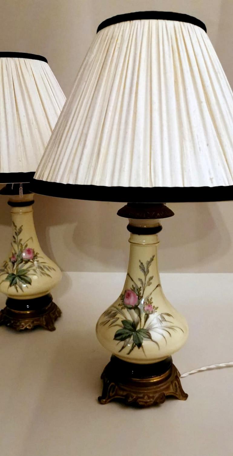 19th Century Porcelain de Paris Napoleon III  French Pair of Petrol Lamps with Lampshade