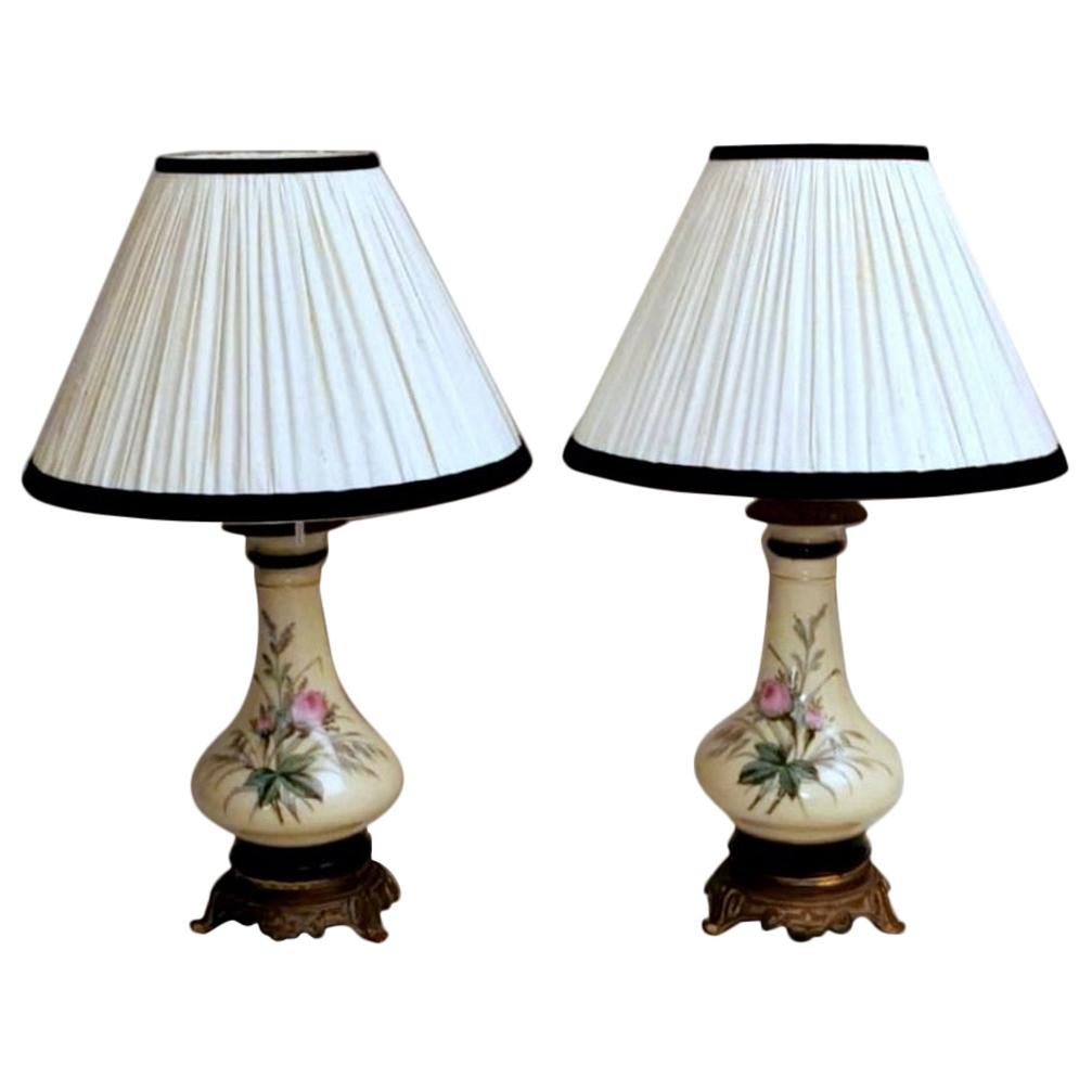 Porcelain de Paris Napoleon III  French Pair of Petrol Lamps with Lampshade
