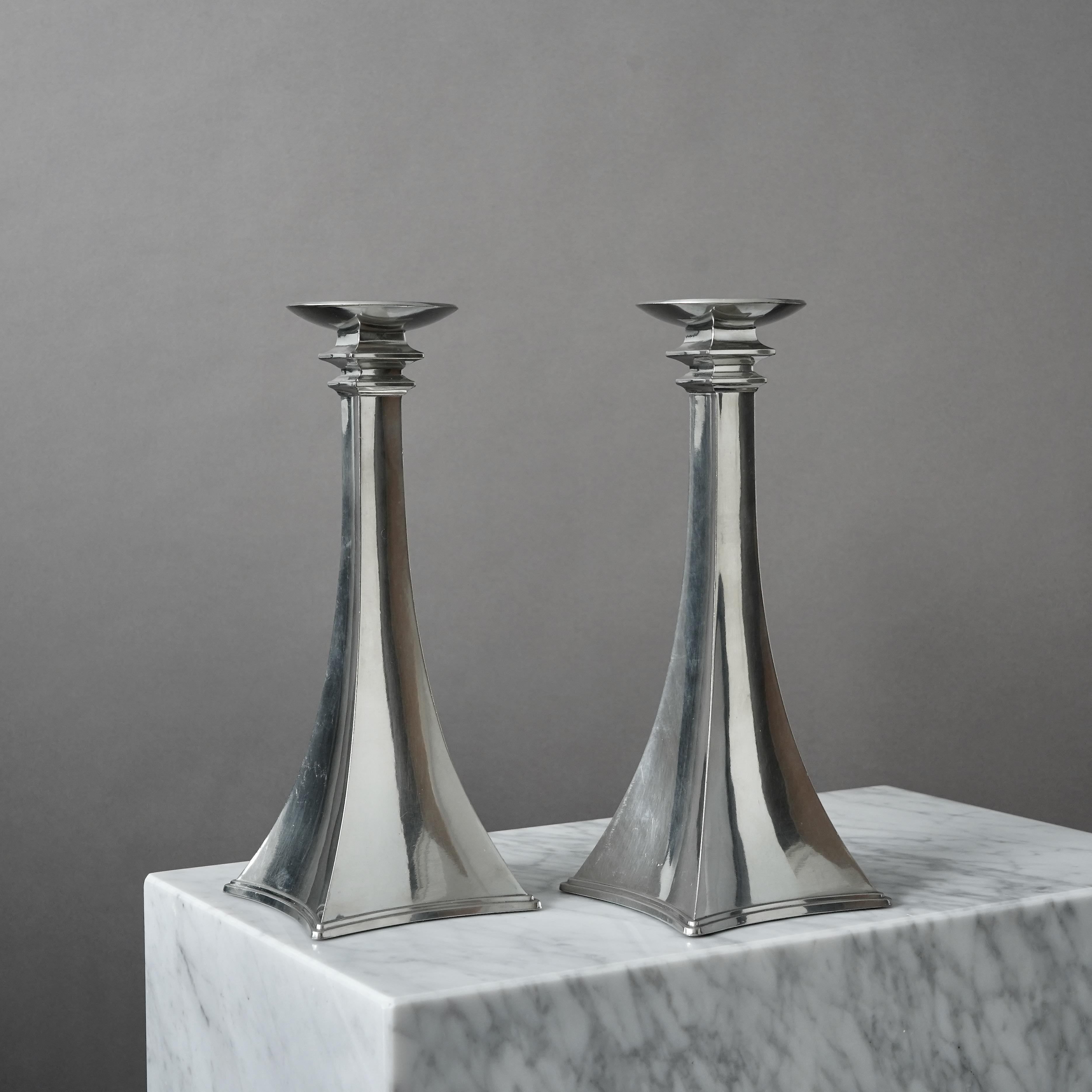 Pair of large pewter candlesticks in amazing condition. 
Designed and made by Just Andersen, Denmark, 1920s.  

Great condition, only some light scratches.
Stamped 'DENMARK', model number '2609' and makers mark.

Just Andersen (1884-1943) was a