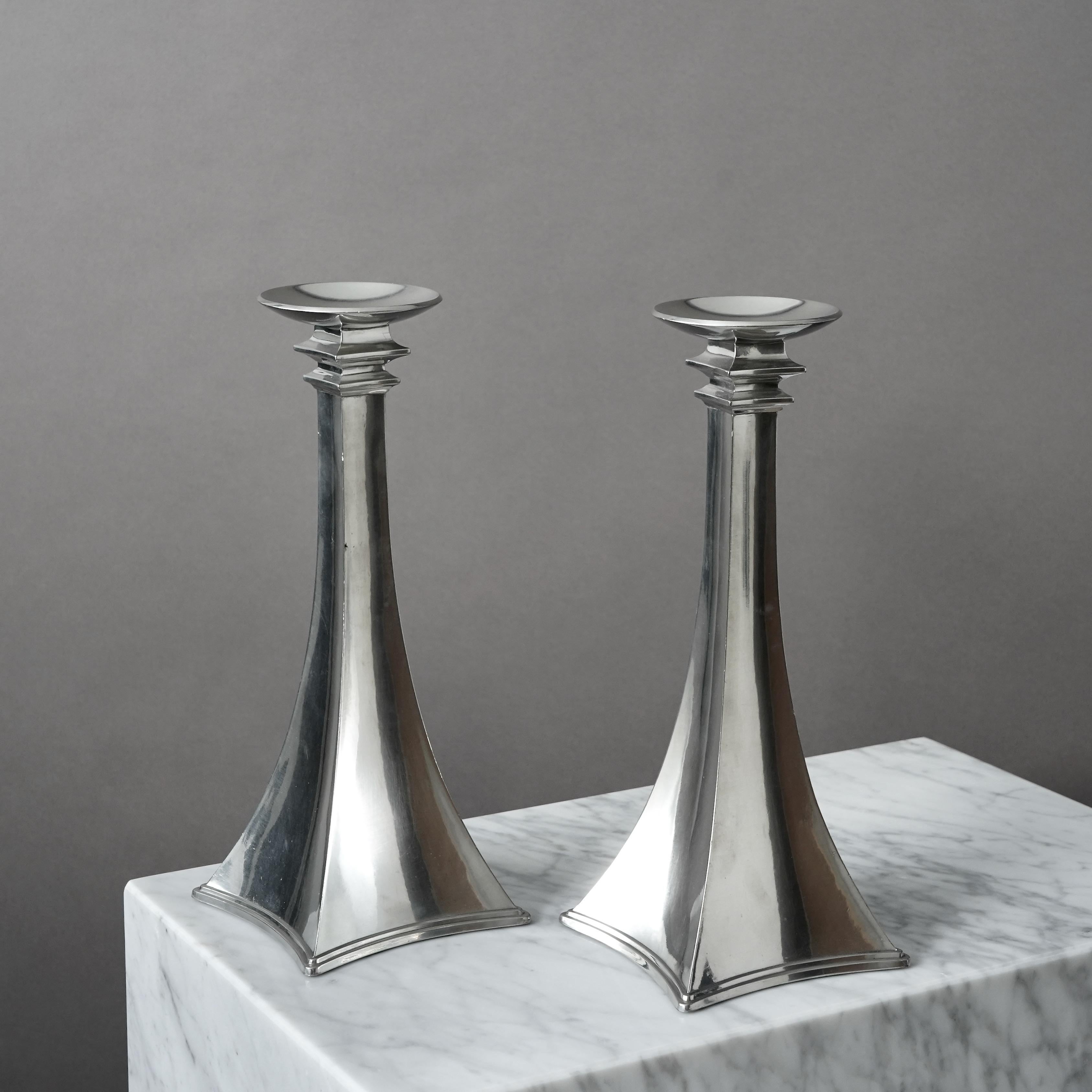 Early 20th Century Pair of Pewter Art Deco Candlesticks by Just Andersen, Denmark, 1920s For Sale
