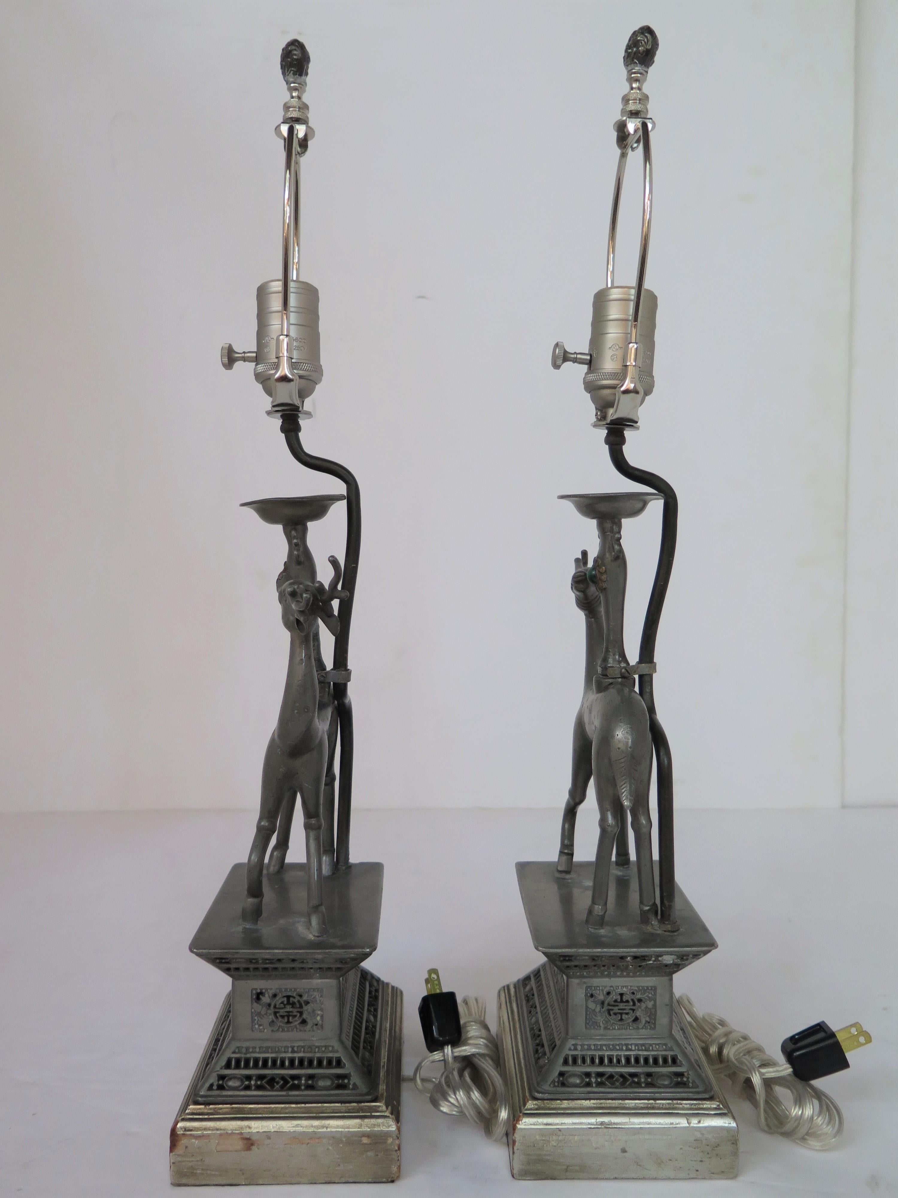 Pair of Pewter Chinese Deer Lamps with Custom Shades Circa 1920s For Sale 4