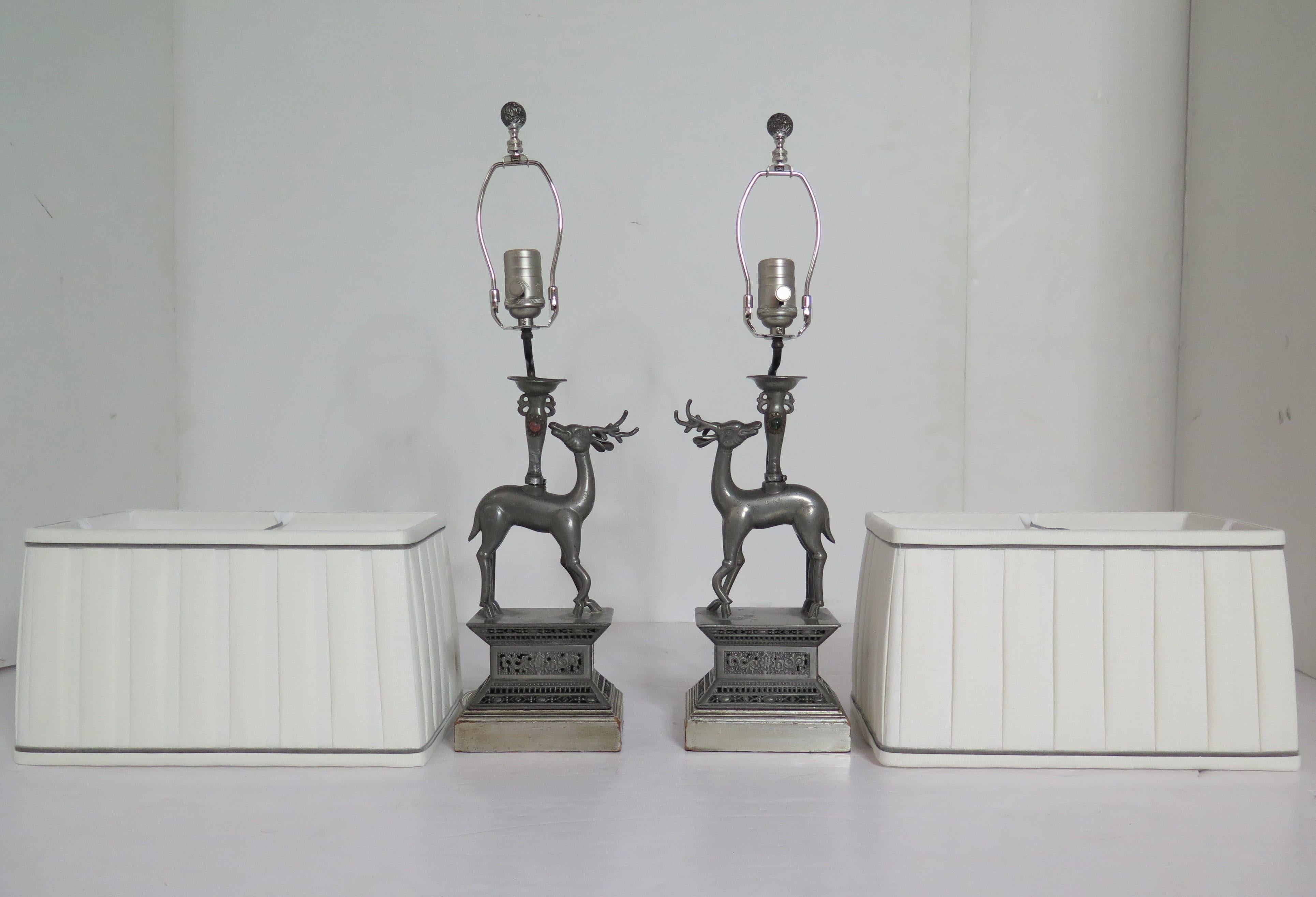 Pair of Pewter Chinese Deer Lamps with Custom Shades Circa 1920s For Sale 5