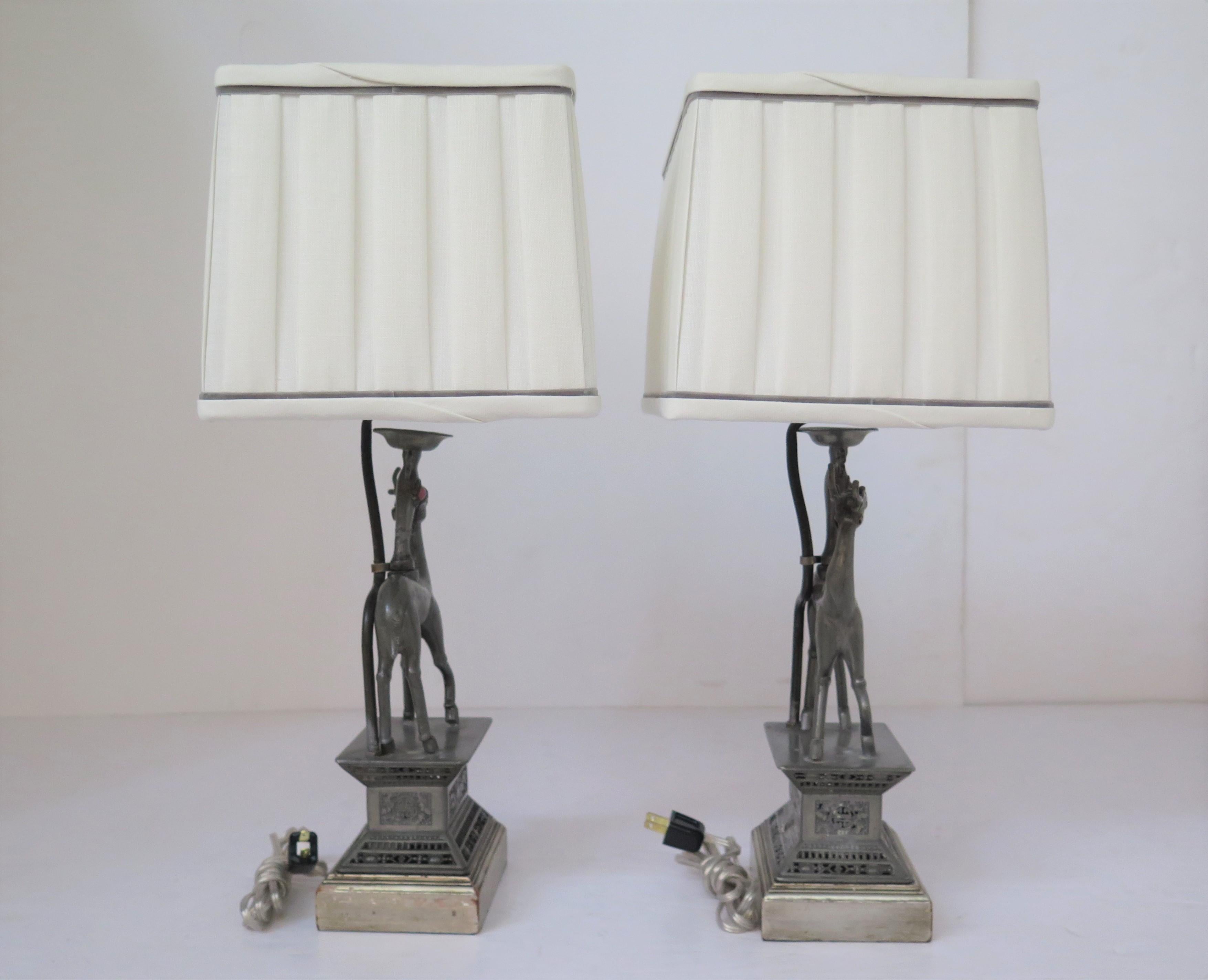 Art Deco Pair of Pewter Chinese Deer Lamps with Custom Shades Circa 1920s For Sale